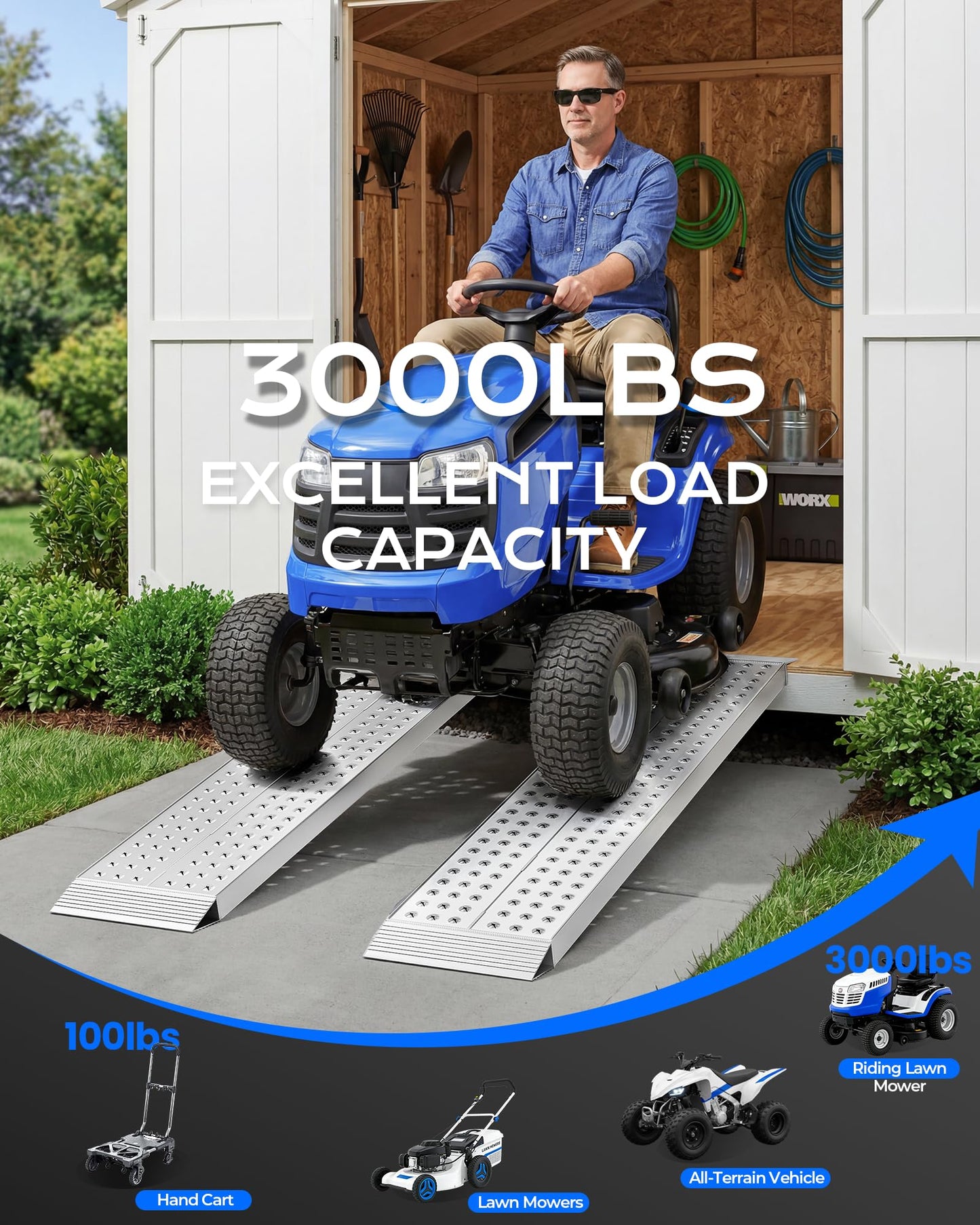 KOLOTOOL 55" L x 11" W Aluminum Shed Ramps for Riding Lawn Mower, Loading Ramps for Sheds & Barns, 3000 lbs Capacity, Non-Slip Lightweight Portable Ramp for Lawn Mowers, Snow Blower, Garden Tractor
