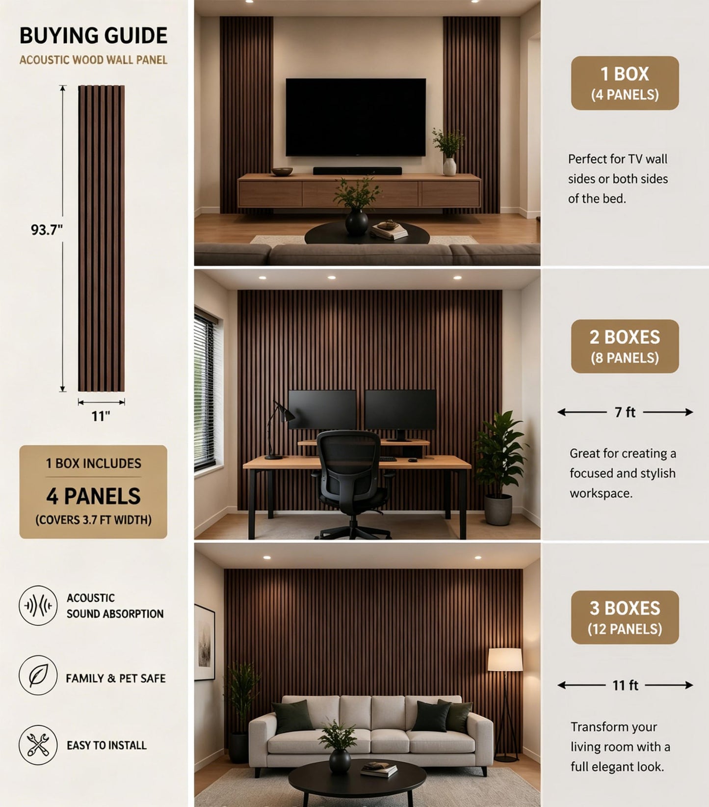 Wood Slat Wall Panels - 4 Pack 93.7" × 11" - Acoustic Panels Noise Reduction for Home Office Studio, 3D Fluted Sound Dampening Absorbing Panels, Dark Walnut