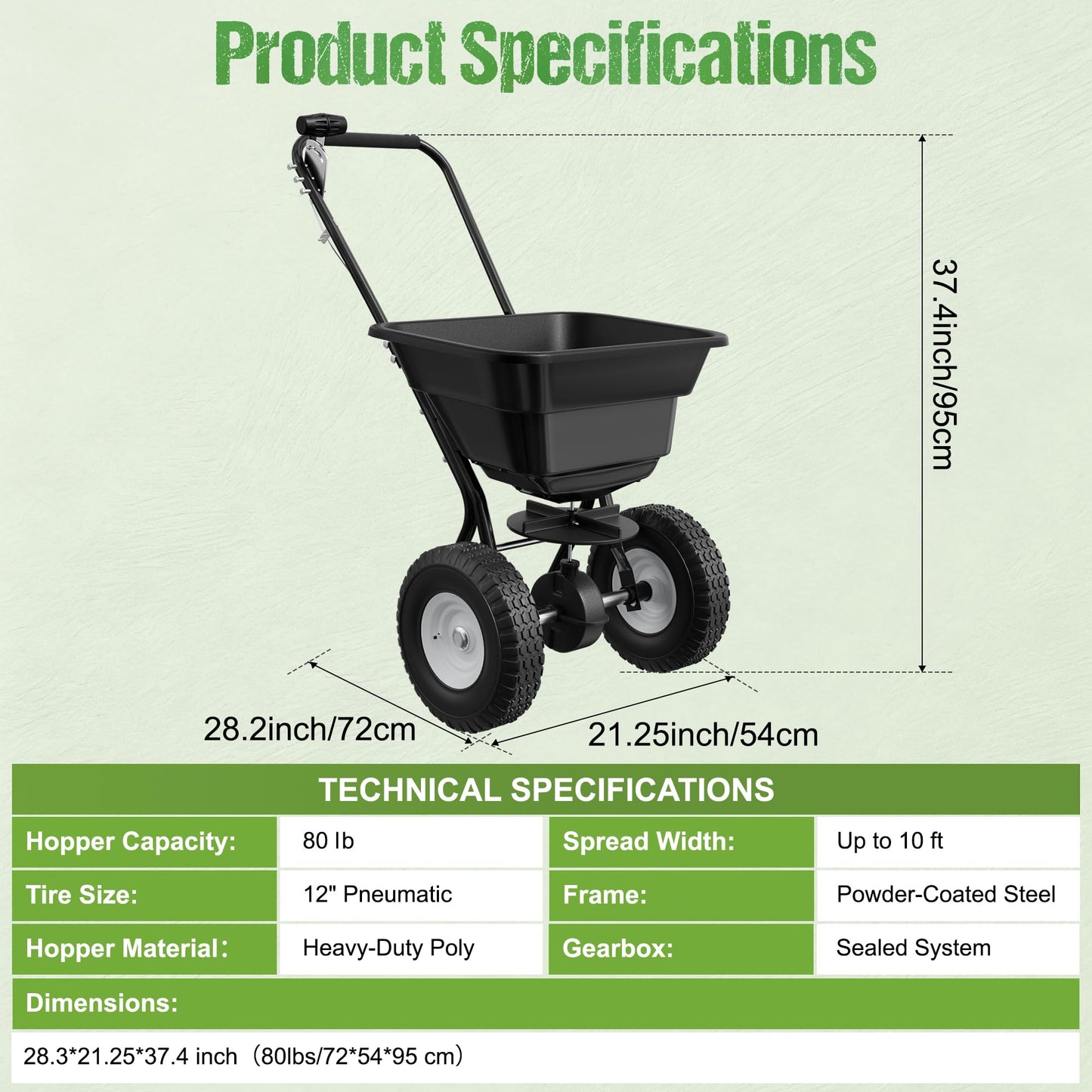 PPOLB Broadcast Spreader for Lawns, 80LB Fertilizer Spreader with 25-Level Flow Control, Walk Behind Lawn Seed & Salt Spreader, 0–10FT Coverage, Hopper Screen, Rain Cover, 12" Pneumatic Wheels