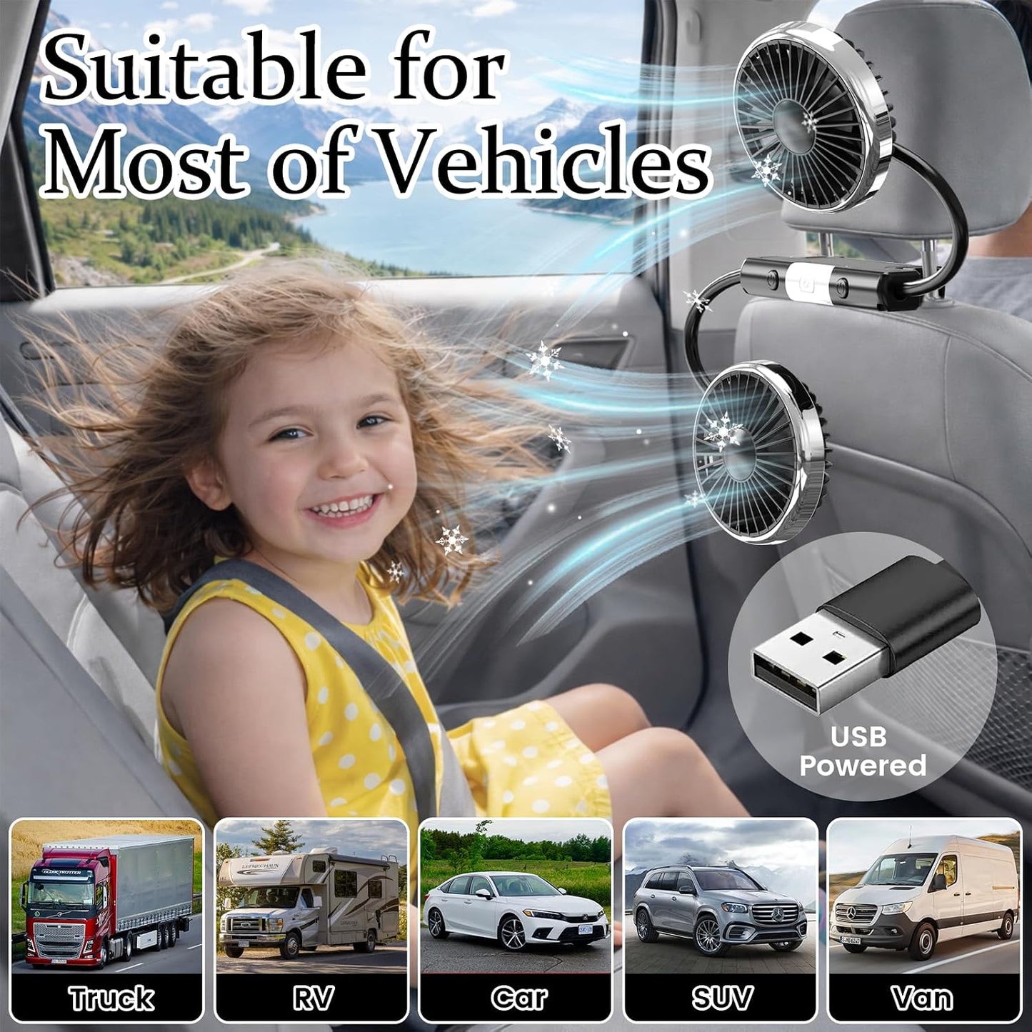 Back Seat Car Fan for Kids - Battery-Free Dual Adjustable Air Circulation