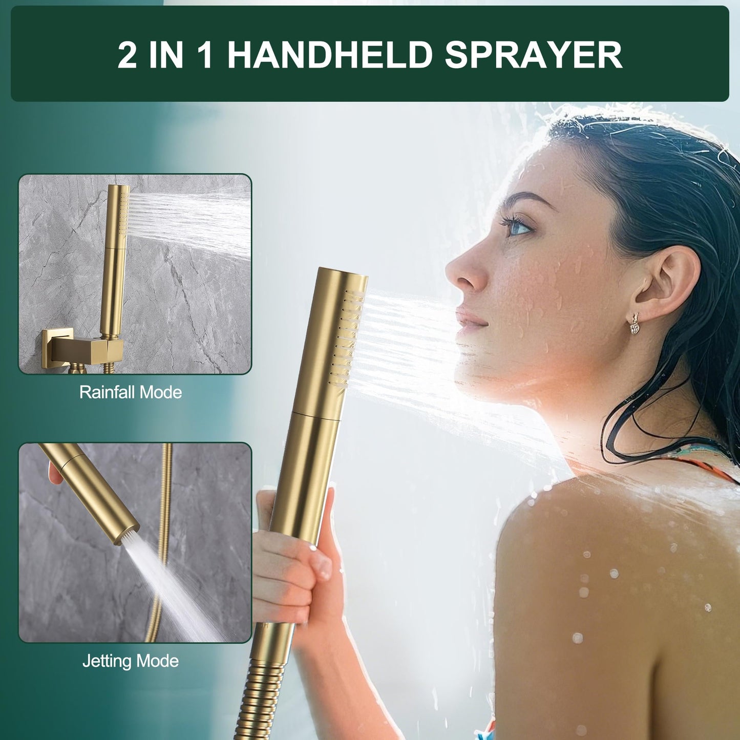 HMEGAO Shower Faucet Sets Brushed Gold, 12" Ceiling Mount Rainfall Shower System with 6" Wall Mount Shower Head and 2 in 1 Handheld Retrofit Shower System, Push Button Diverter Shower Fixture Trim Kit