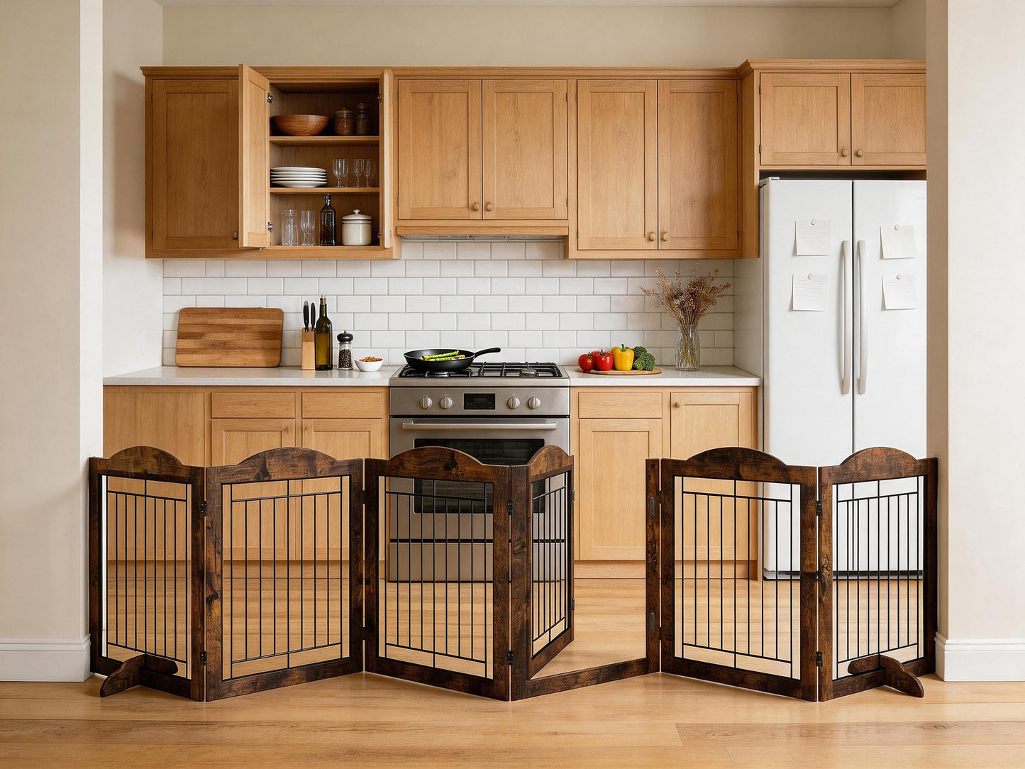 Vantas Folding No-Assembly Dog Door Pet Gate 144" Wide, 30" Tall Wooden Dog Gate with Door Walk Through, Freestanding Wire Pet Gate, Pet Puppy Safety Fence, with 2PCS Support - Rustic Brown