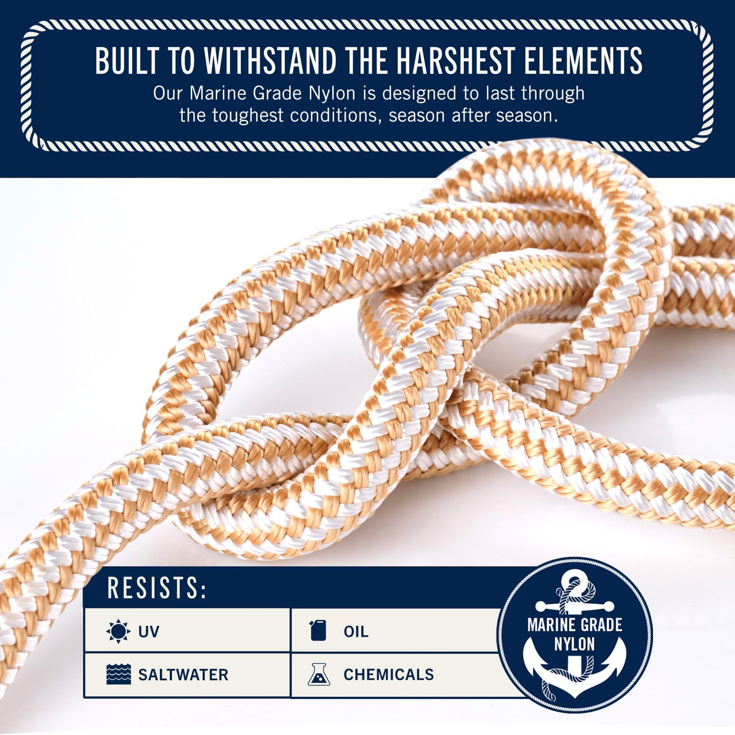 RainierSupplyCo Boat Anchor Rope - Double Braided Marine Rope Anchor Line - 100 ft x 3/8 Inch Nylon Boating Line with 316 Stainless Steel Thimble and Heavy Duty Marine Grade Bow Shackle - White/Gold