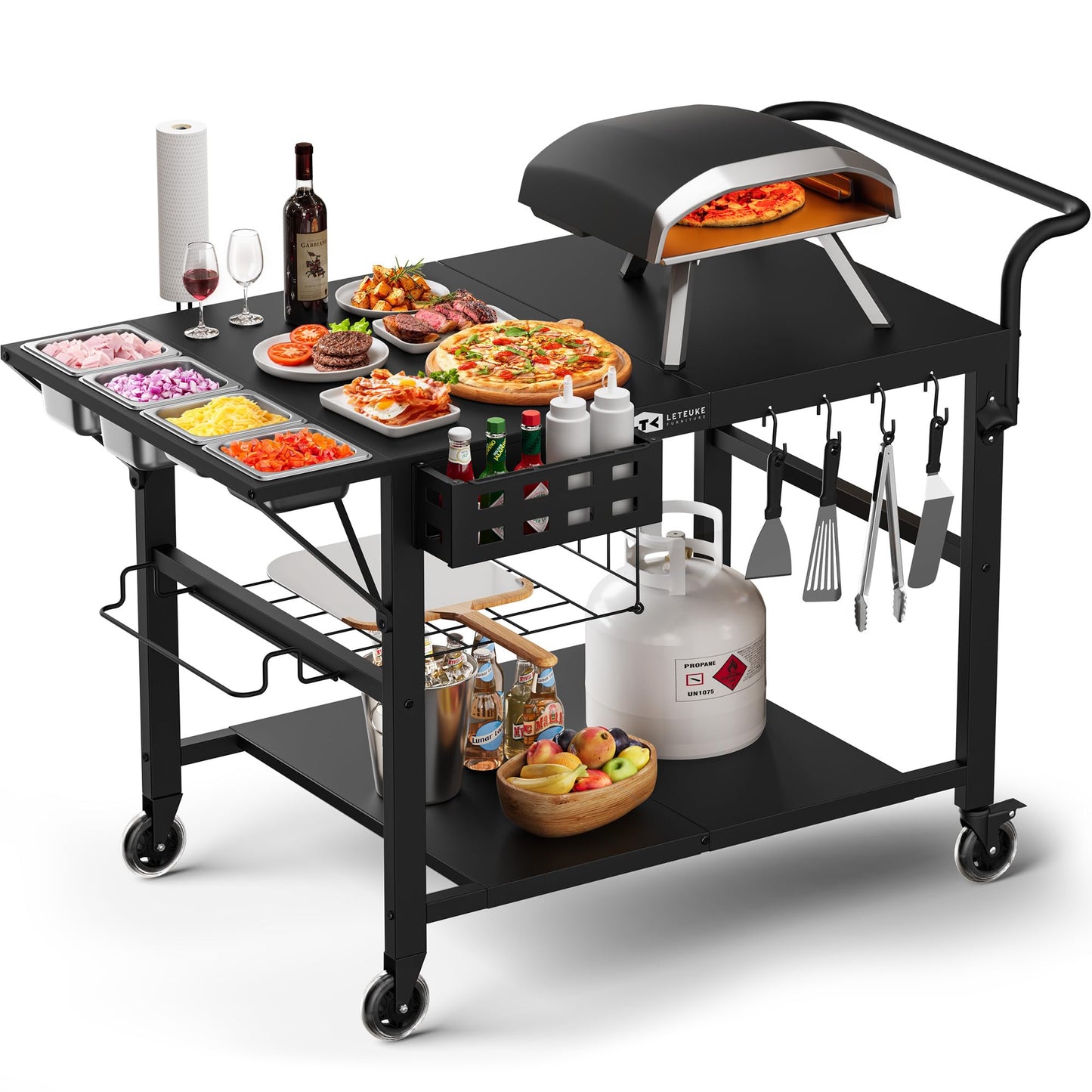 Leteuke Pizza Oven Table, Grill Cart Table for Blackstone Griddle, Outdoor Pizza Oven Stand Fits Ninja, Cuisinart, Gozney, Solo Stove, BBQ Prep Tables Station with Seasoning Tray, 47"x27.5"x30"