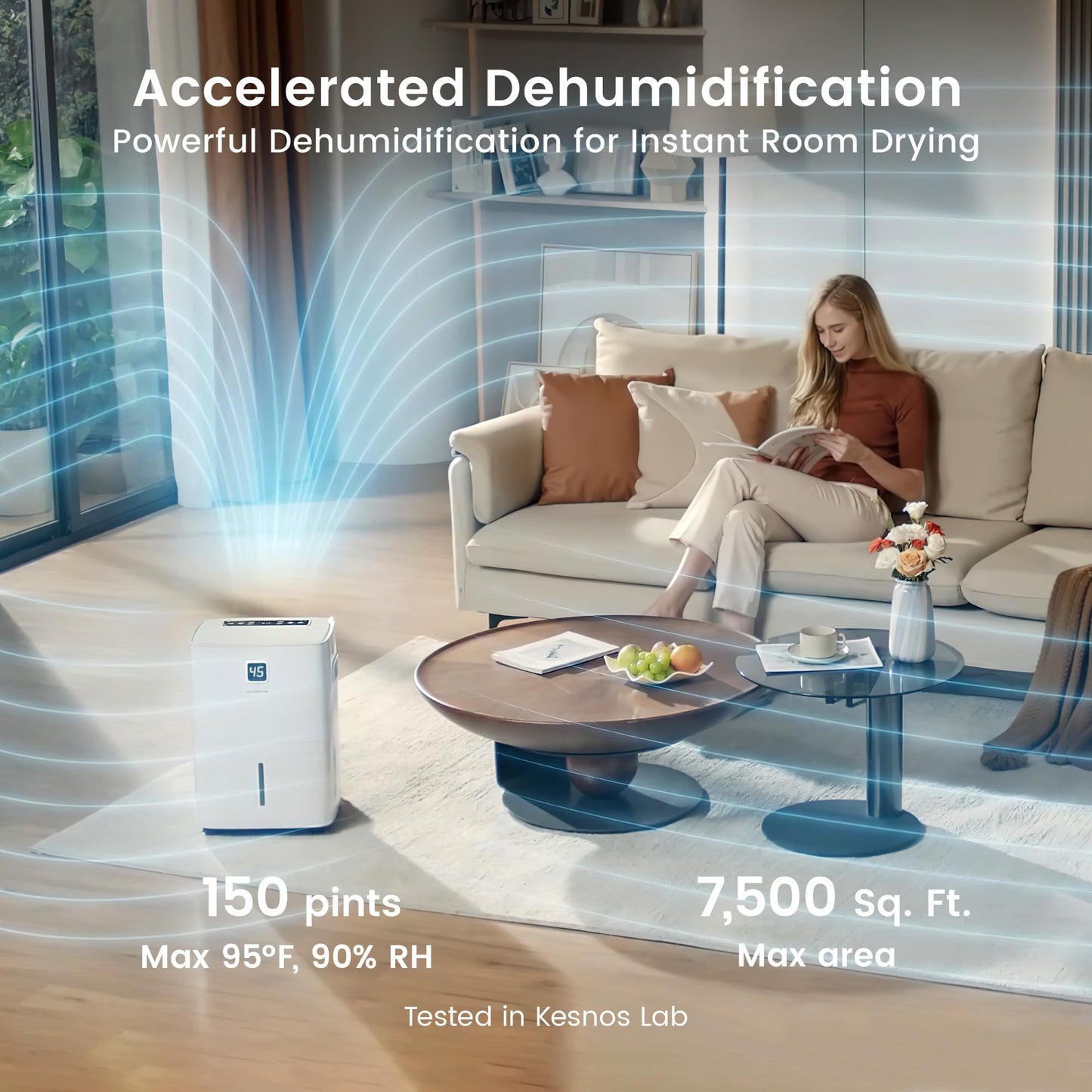 Kesnos 150 Pints Dehumidifier for Basement, Commercial and Industrial Large Room, 2.11 Gal Water Tank with Drain Hose, Ideal for Whole Home up to 7,500 Sq. Ft., Front LED Display, Timer