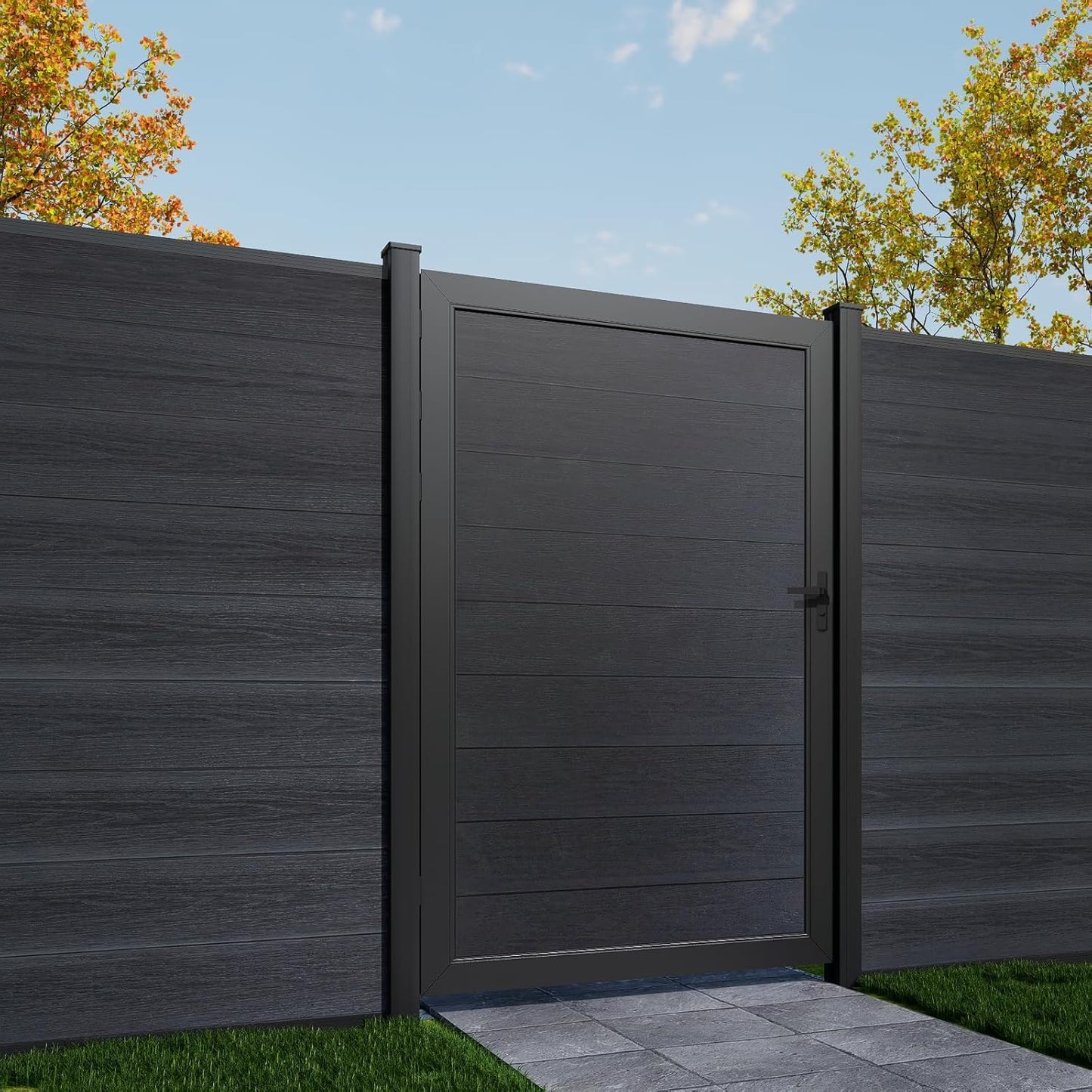 Treslam Wood Plastic Privacy Fence Gate 6ft(H) x 3ft(W), Metal Frame with Knob Kits, Durable Composite Outdoor Gate,Black