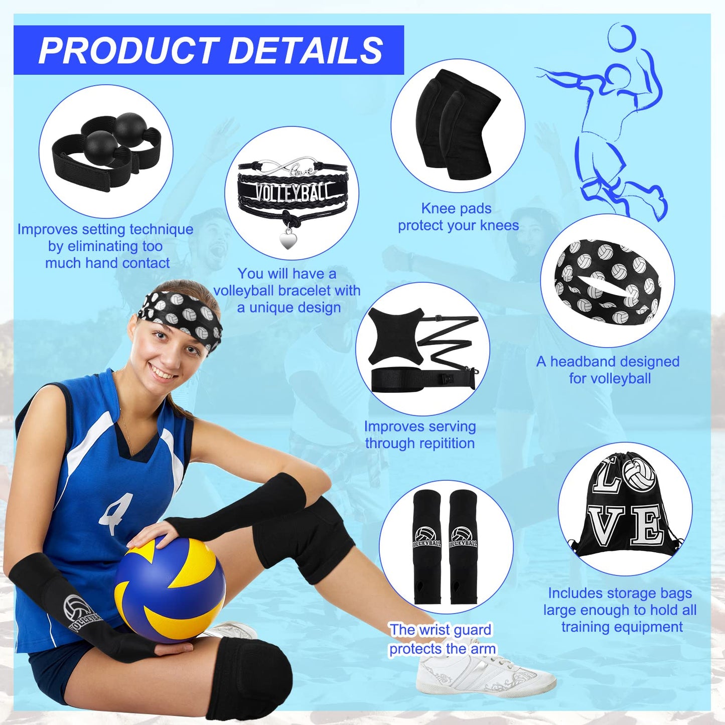 Honoson 7 Pcs Volleyball Training Equipment Aid Volleyball Serving Trainer Kit Gifts for Beginners (Black, Boys)