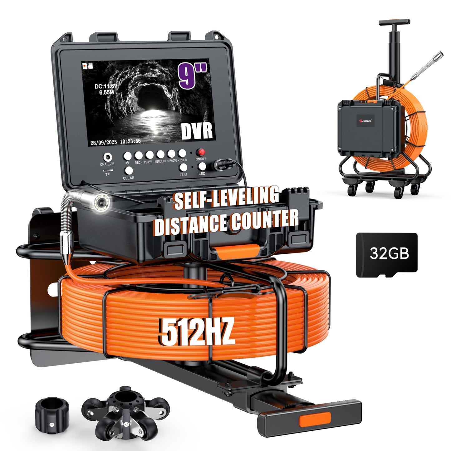 Hialemi Portable 9'' Sewer Camera with 512Hz Transmitter - 100Ft/30M Self Leveling Drain Camera & Meter Counter & 5X Zoom - 145° Plumbing Pipe Inspection Cam with Lights - 1080P IPS Screen & DVR 32GB