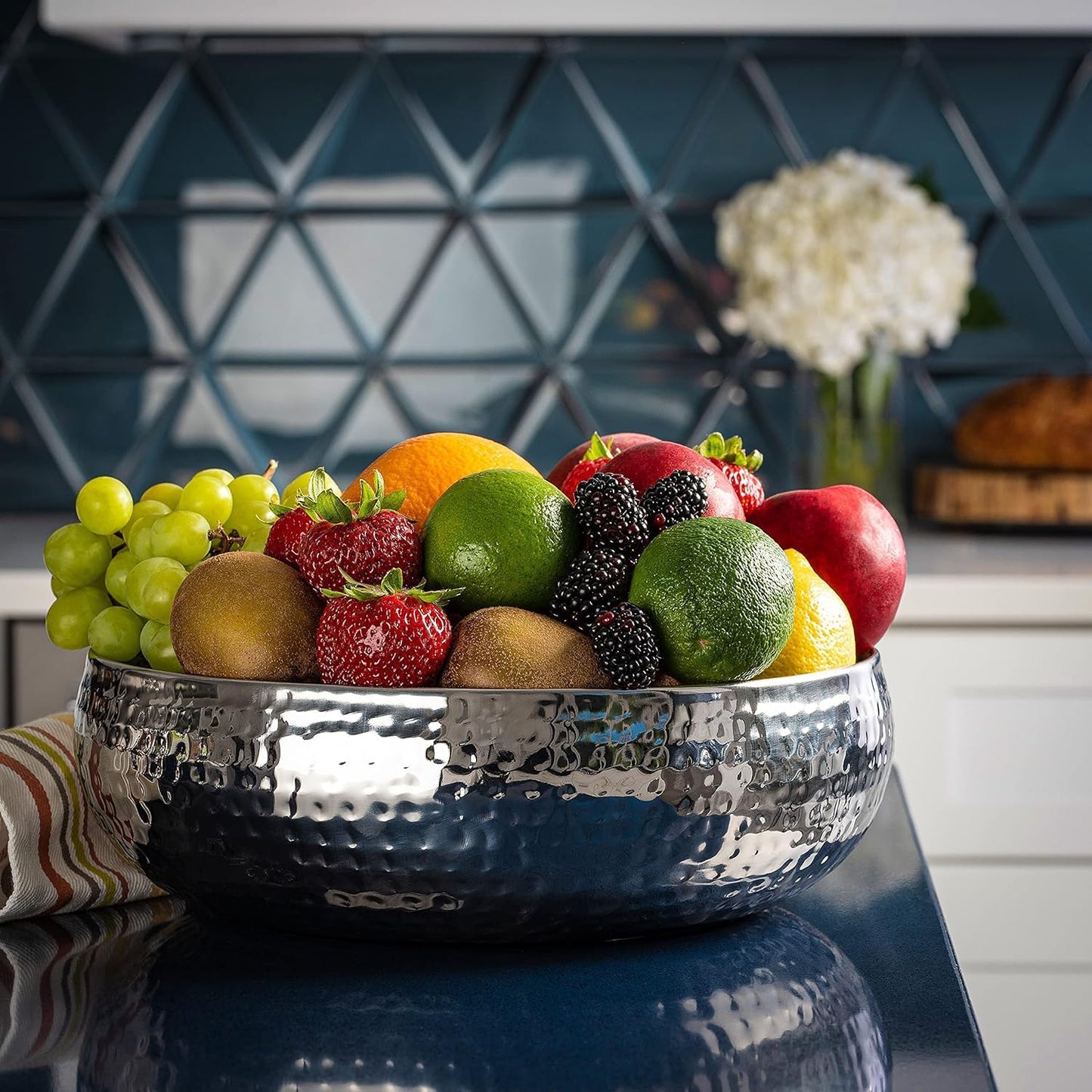 Bonito Home Salad Bowl and Serving Utensils - Hammered Detailing - Stainless Steel Mixing Bowls with Lids- Luxurious Serving Bowls (12" Silver Hammered Salad Bowl)