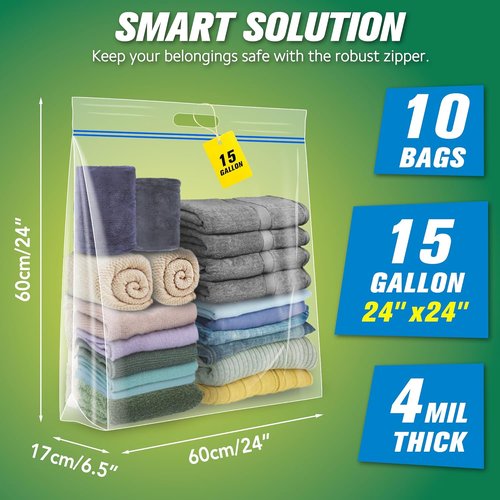 HIBAG 15 Gallon Storage Bags - Extra Large Resealable Clear Bags with Handle | 24” x 24” | Pack of 10