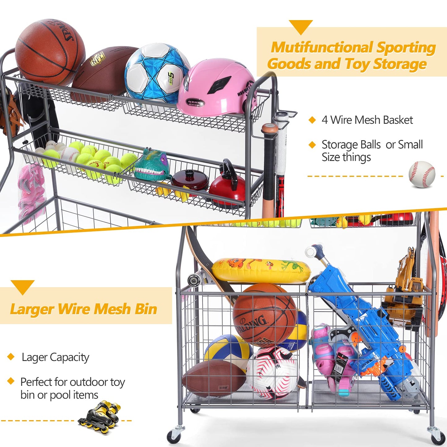 Kinghouse Rolling Sports Equipment Organizer with Wheels, Garage Ball Storage Rack for Basketball, Toys, for Garage, Indoor, Gym, Outdoo, Includes Metal Storage Bin, Bat Holder, Hooks