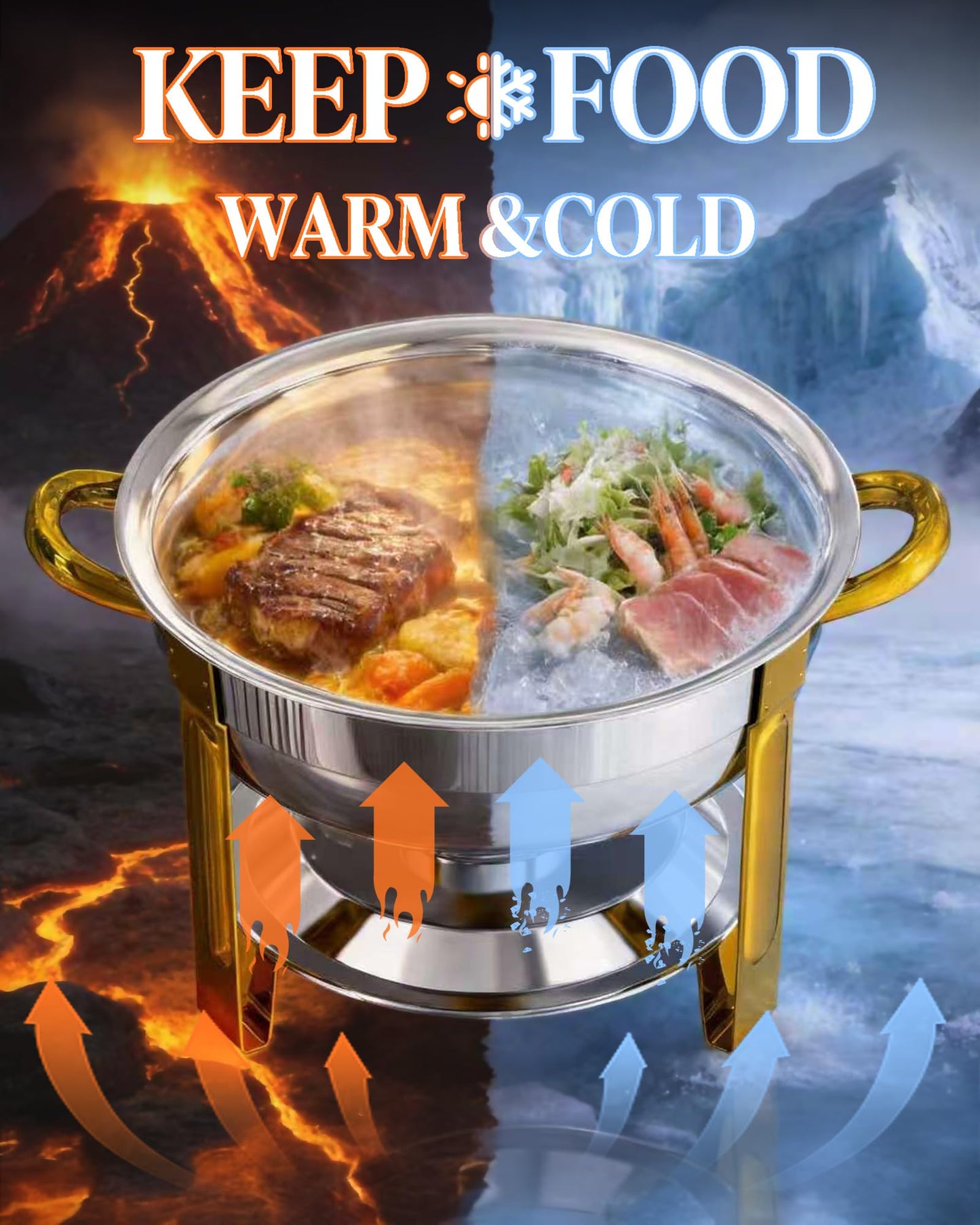 Chafing Dishes for Buffet 4 Pack, 6QT Round Stainless Steel Buffet Food Warmers with Elegant Gold & Silver Accents, Complete Set for Weddings, Parties, Catering Events & Holiday Gatherings