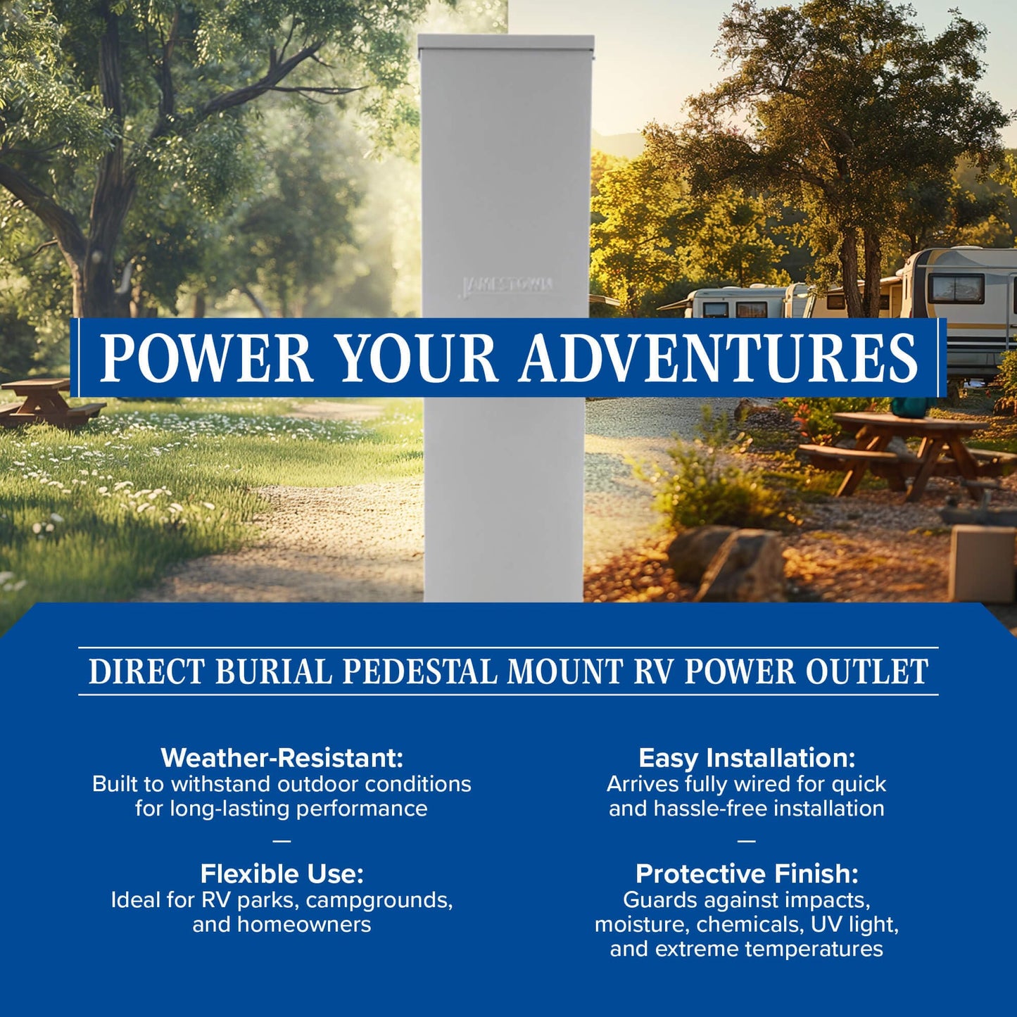 Direct Burial Unmetered Pedestal Mount RV Power Outlet – 50/30/20 Amp Electrical Panel, NEMA 3R Weatherproof Enclosure, ETL Certified, Made in the USA by Jamestown Advanced Products