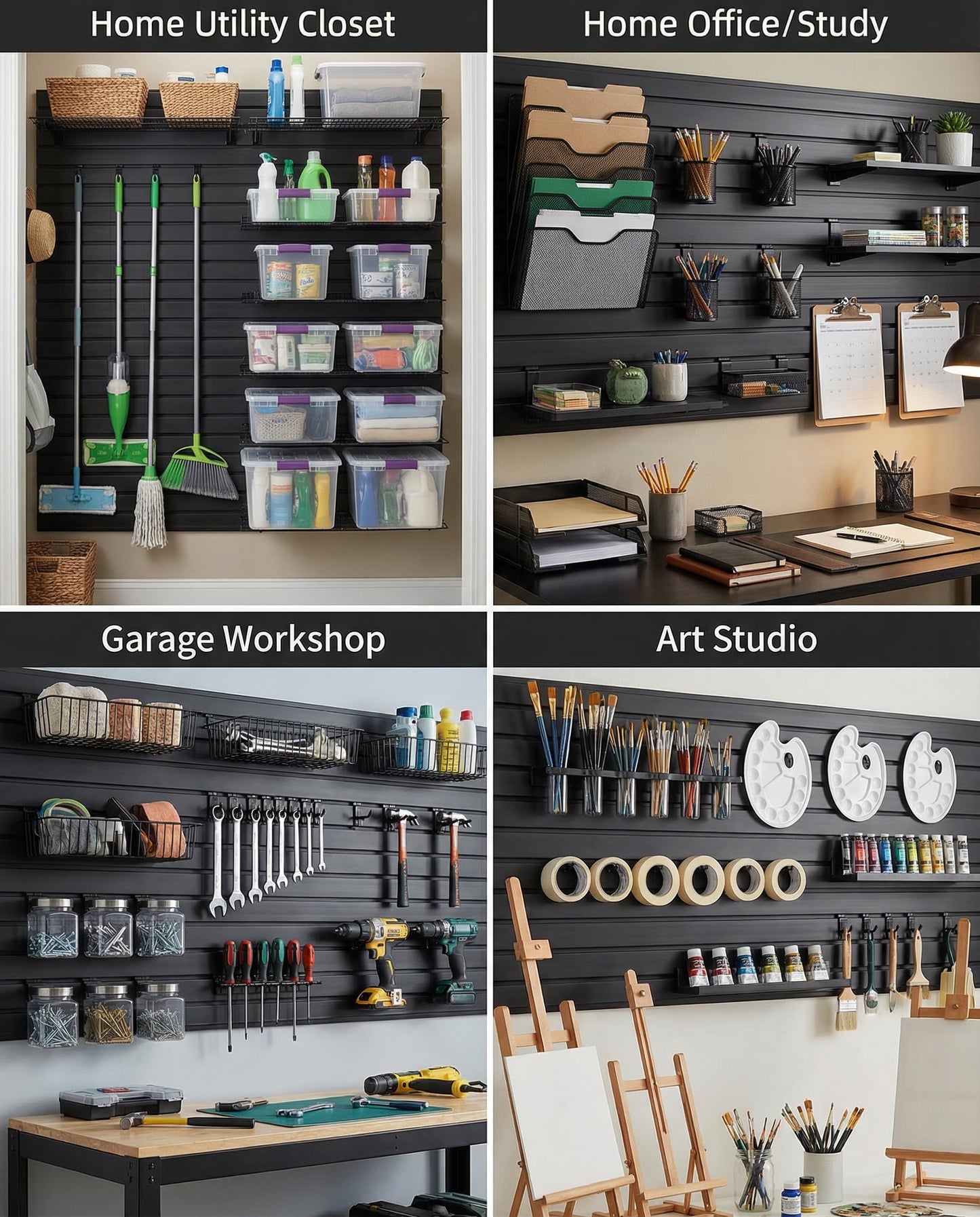 FRAYSCENT Slat Wall Paneling Garage Slat Wall Storage Systems Slatwall Panels Power Tool Organizer Wall Mount, PVC Garage Storage & Organization Products Slate Board (Black, 8ftx4ft with 2H Trim)