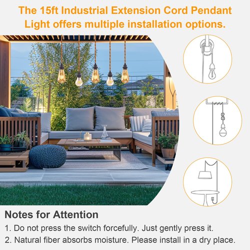 Industrial 15ft Pendant Light Cord - Hanging Light Kit with Switch Plug, Plug-in Pendant Light Cord Rope Pendant Lights Socket Set E26 E27 for Pendant Lamp Farmhouse Lamp Cable DIY Room Decor