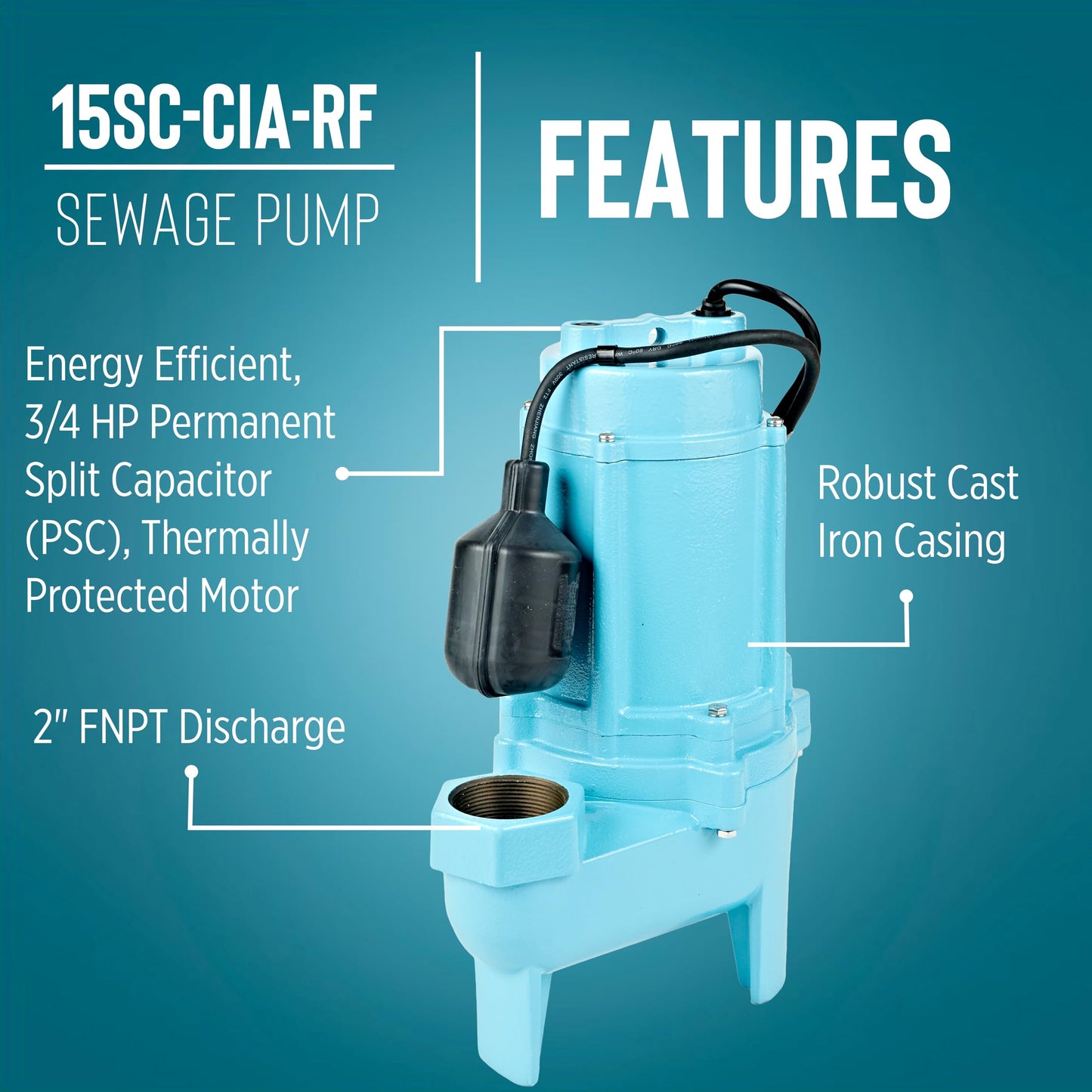 Little Giant 15SC-CIA-RF 115 Volt, 3/4 HP, 7800 GPH, Sewage Pump with Piggy-back Tethered Float Switch, 20-Ft. Cord, Blue, 14942786