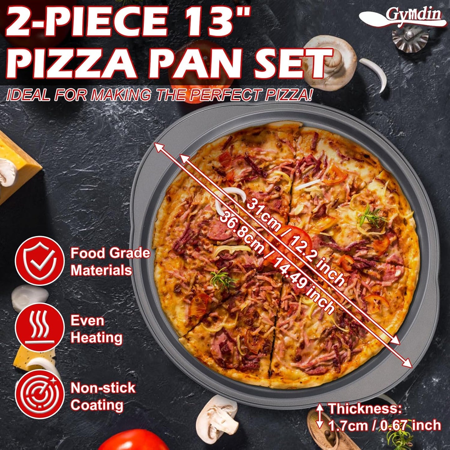 Skiennix Pizza Pan - 13" Round Non-Stick Carbon Steel Trays with Handle | Easy to Clean & Oven Safe (2 Pack)
