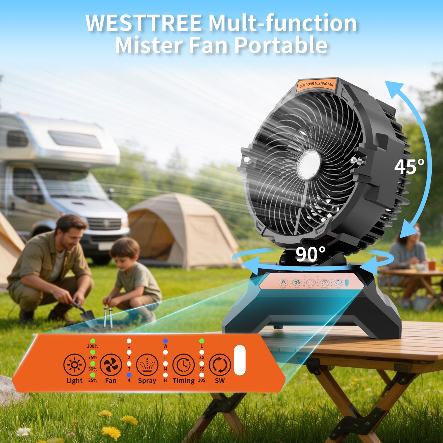 WESTTREE Misting Fan Portable with 15L Large Bucket, 4-in-1 Mist 8 Modes Spray Fan with Retractable Handle & Oscillating Outdoor Camping Fan,36H Runtime, 4-Level Wind Speed/Lighting for Tent
