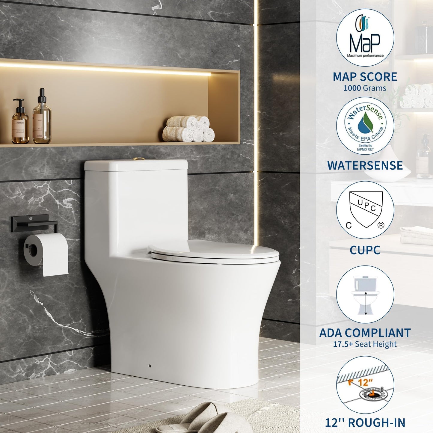 Toilet One-Piece, Water Efficient Dual Top Flush, Elongated Comfort Bowl, Soft Close Seat, White Ceramic Toilet, Easy Install, Modern Bathroom, 3/4.8l, Compact Sleek Design