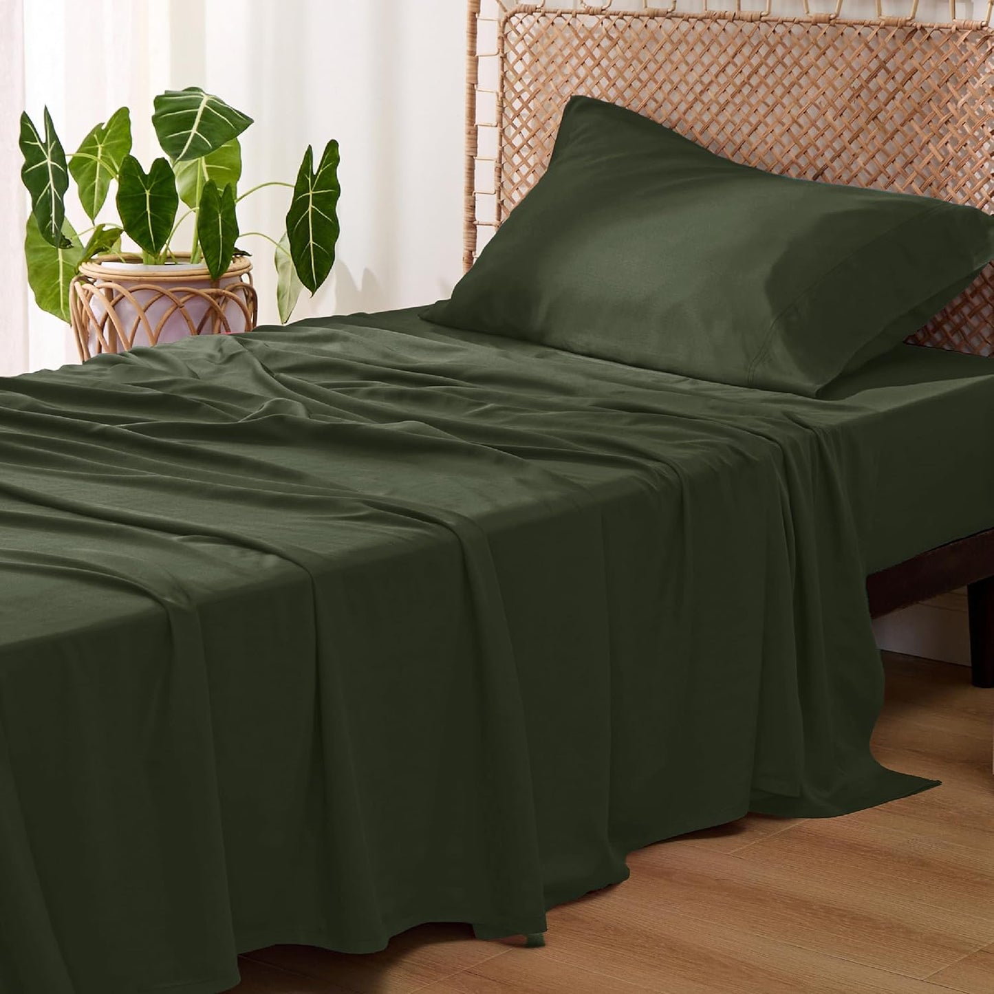 Bedsure Cooling Twin XL Sheets - Breathable Rayon from Bamboo | Soft, Deep Pocket, Olive Green
