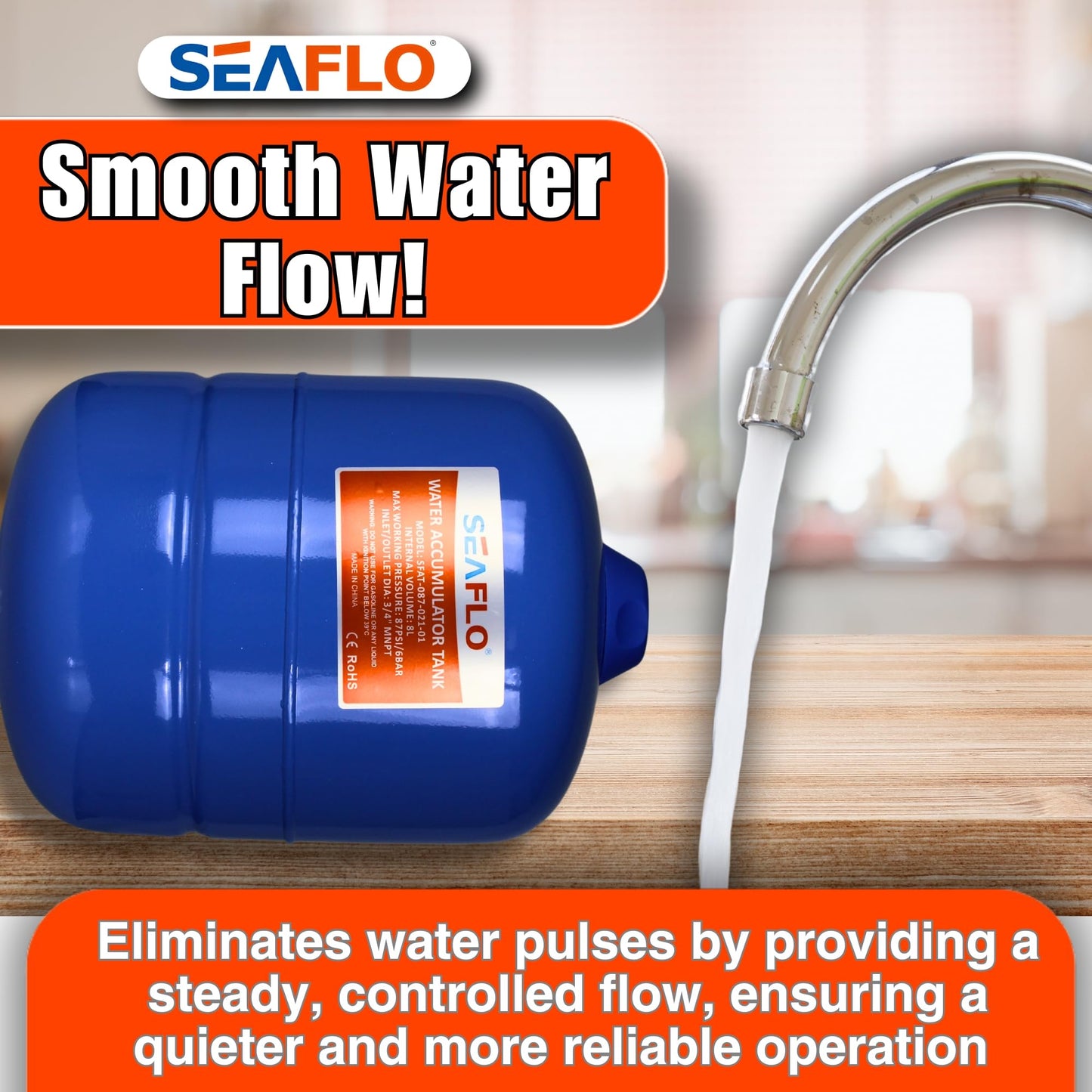 SEAFLO 2 Gallon Pre-Pressurized Accumulator Expansion Tank – Reduces Pump Cycling, Smooth Water Flow, 87 PSI, 3/4" MNPT, Compact Design for RV, Marine, Boat & Off-Grid Systems – 4-Year Warranty