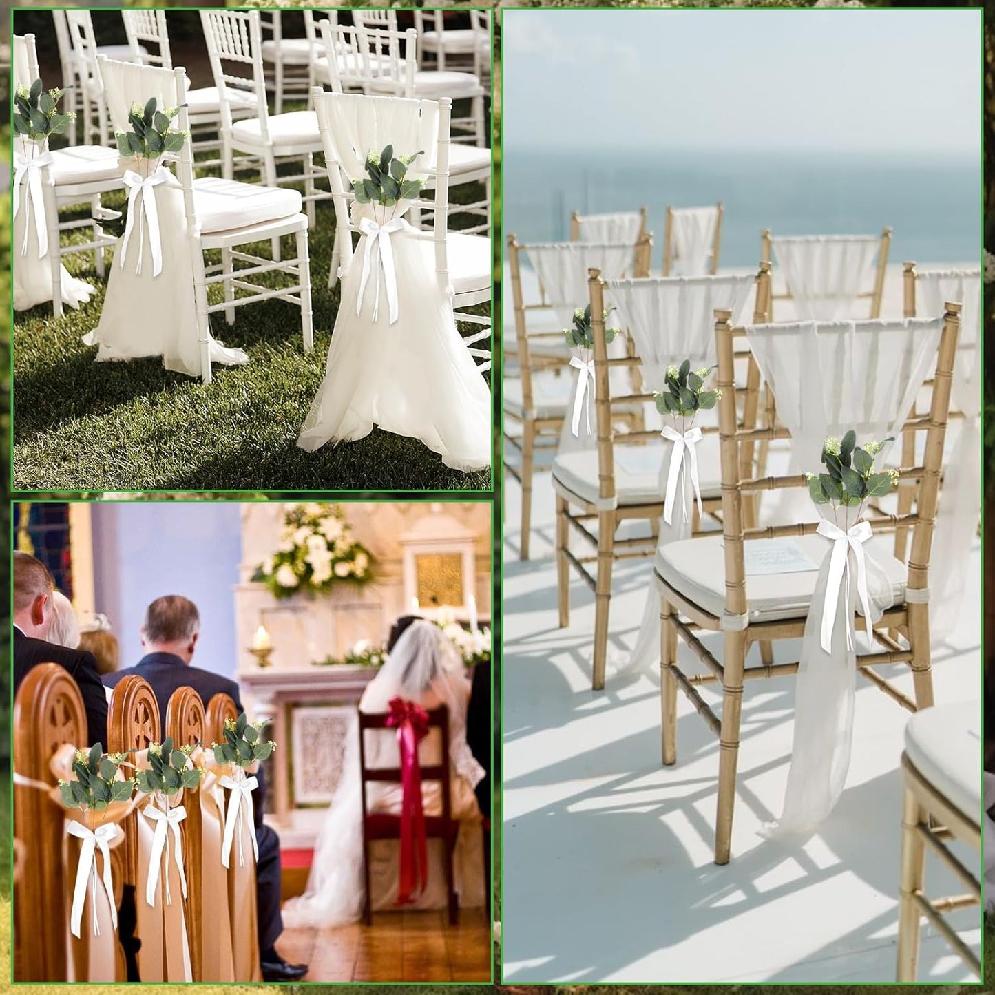 Regine Switzerland Wedding Aisle Decorations - 24 Sets of Elegant White Ribbon Bows with Eucalyptus Stems for Ceremony and Chair Sashes