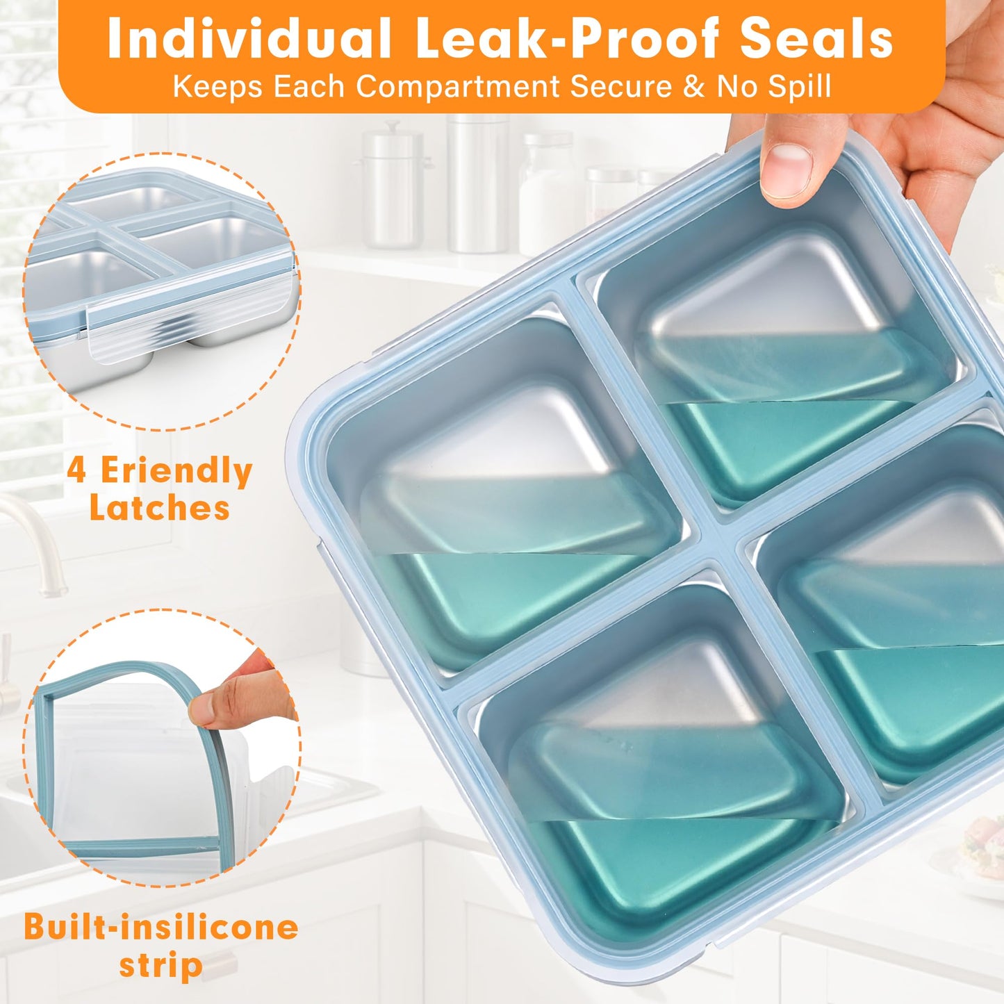 4 Pack Stainless Steel Snack Containers with Lids, Leakproof 4 Compartment Bento Lunch Boxes, Reusable Metal Meal Prep Food Storage Containers, Dishwasher Safe for Work, Travel, Picnic (4pack-A)