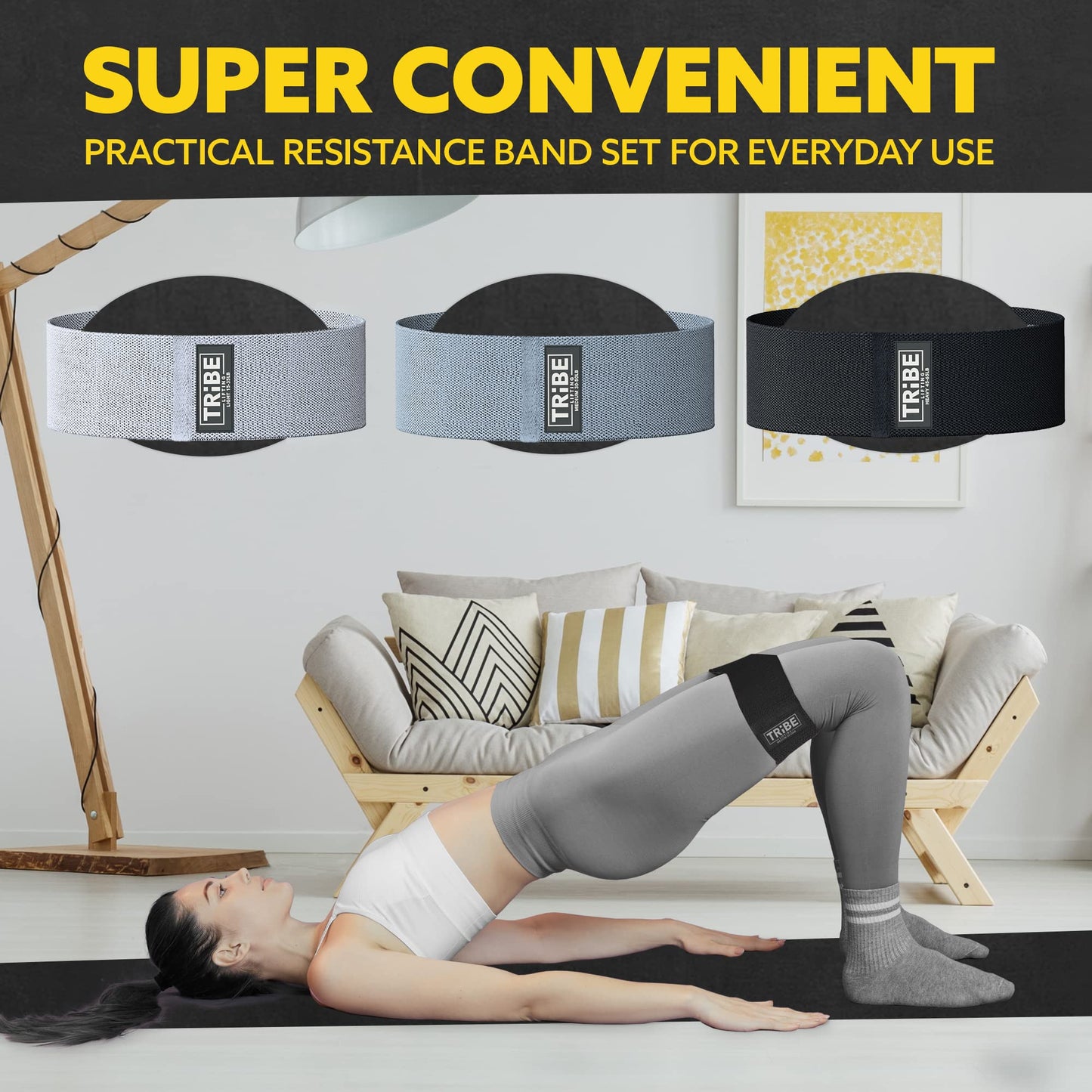 Tribe Lifting Resistance Bands for Working Out - 3 Pack Fabric Workout Bands for Women and Men - Booty Bands for Legs and Glute - Non Slip Exercise Bands Set for Squat Hip Thigh (Gray)
