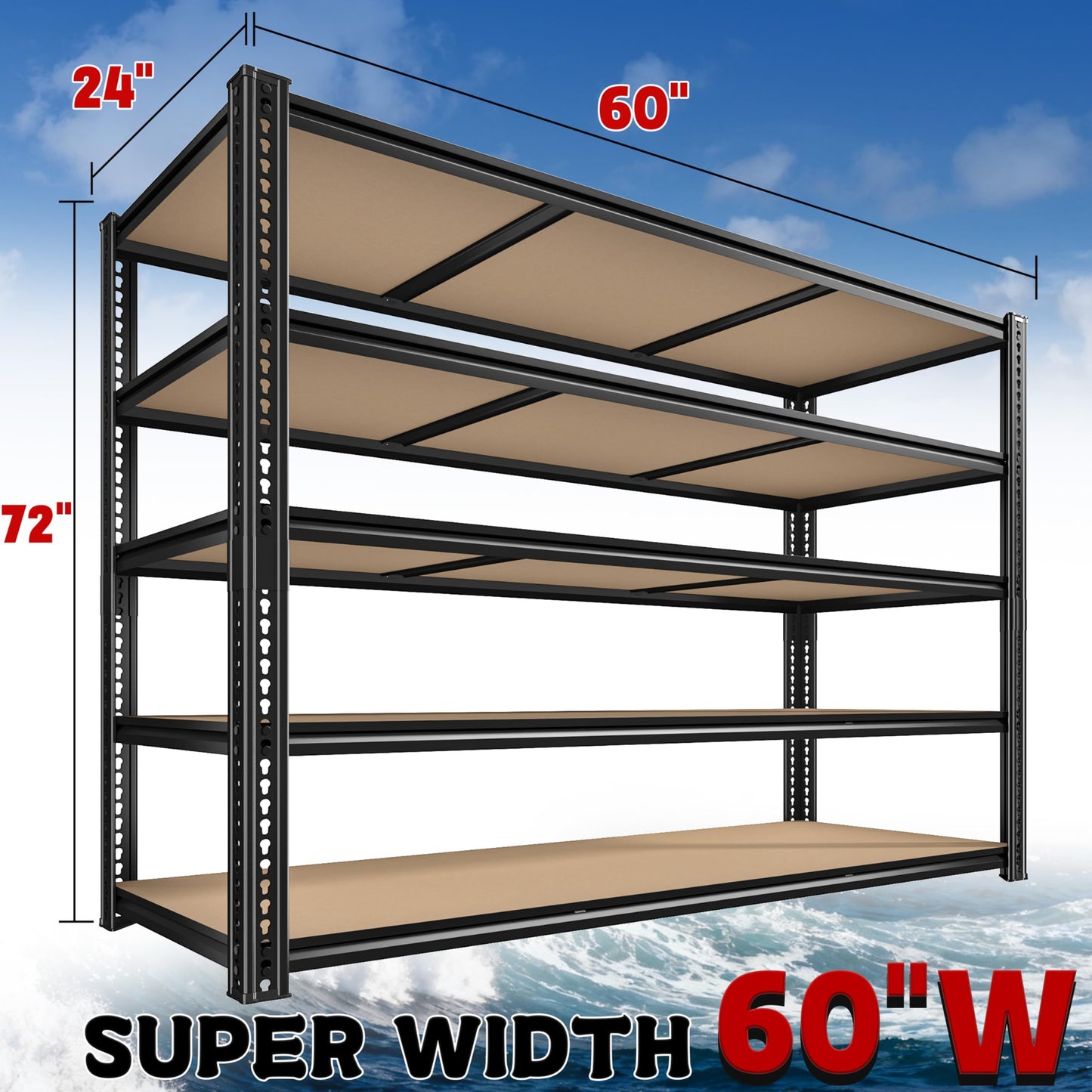 ROOMFAVE 60" W Garage Shelving 72" H Metal Shelving 3500LBS Storage Shelves Heavy Duty 5 Tier Adjustable Shelving Unit for Storage Rack Pantry Shelf Industrial Commercial,60" W x 24" D x 72" H