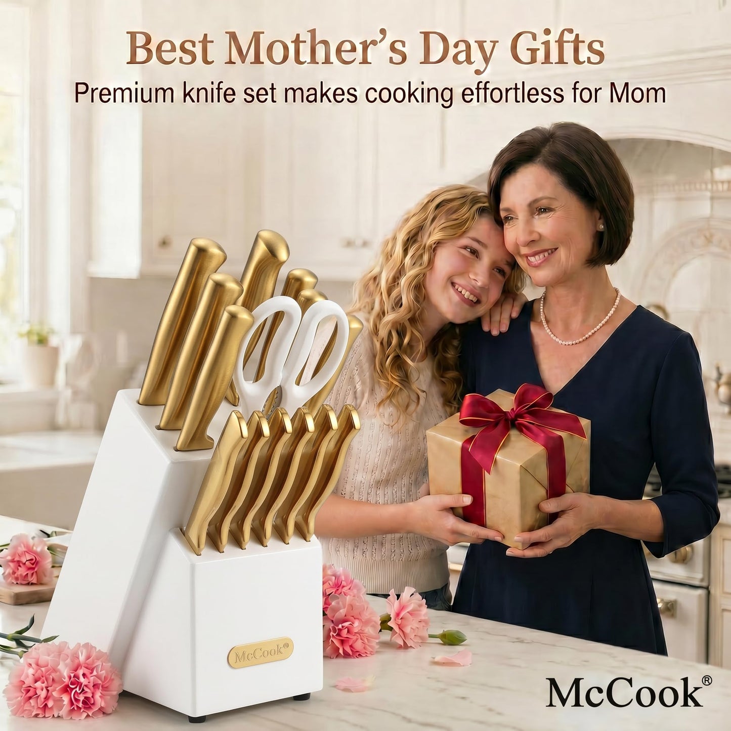 McCook® Knife Sets, Golden Titanium Stainless Steel Kitchen Knife Block Sets with Built-in Sharpener