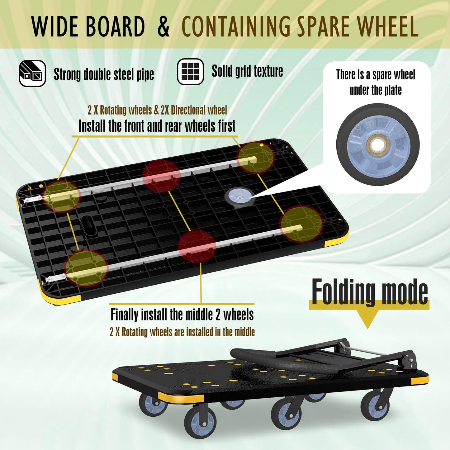 Heavy-Duty Foldable Platform Cart with 6 Wheels & 2000LB Capacity - 360° Swivel & Fixed Casters, Collapsible Push Cart Dolly Black Plastic Trolley, 5" Wheels, Spare Tire & Anti-Collision Corners