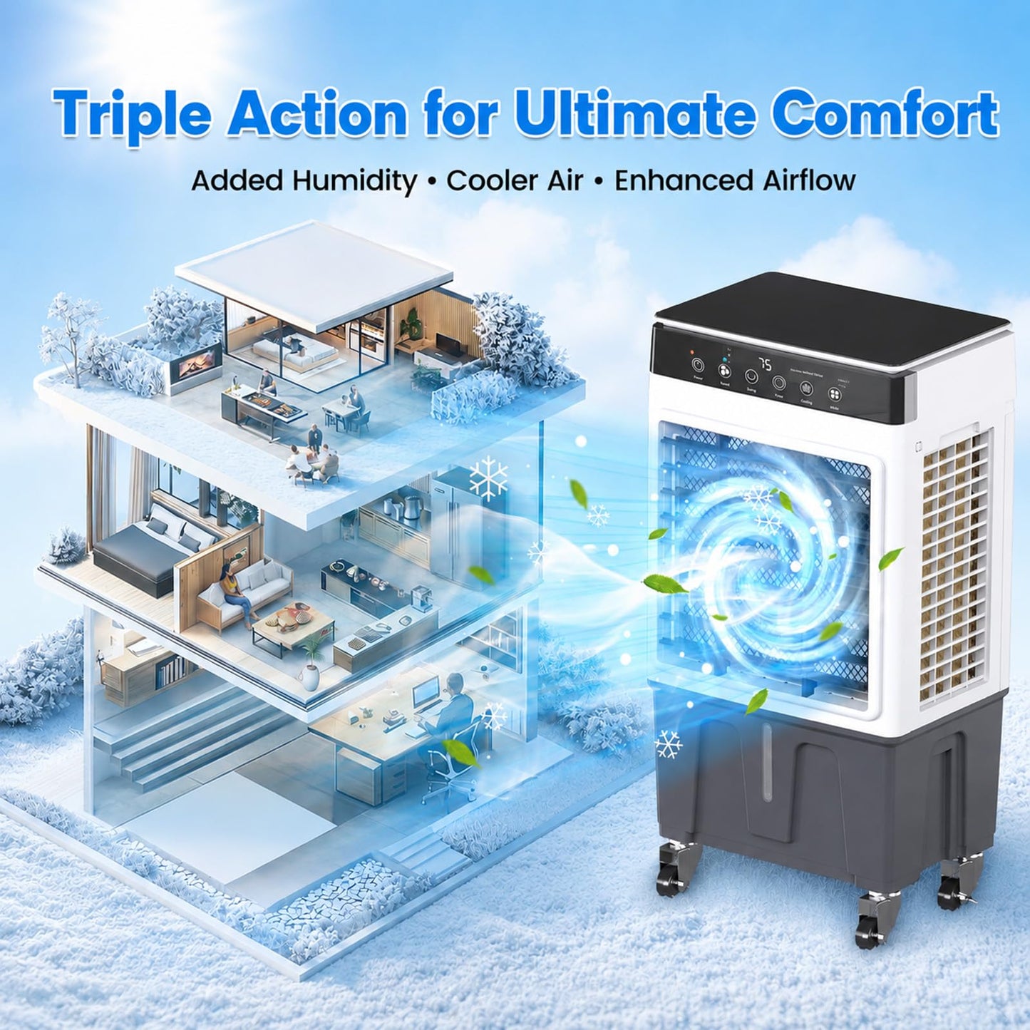 Swamp Cooler Air Conditioner, 4-in-1 Evaporative Air Cooler with 7.5-Gal Water Tank, 4 Modes, 3 Speeds, Dry Burn Protection, Remote, 12H Timer, Portable Windowless AC for Home, Office, Garage