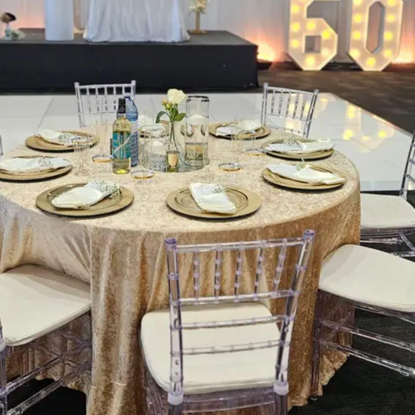 YOUR CHAIR COVERS - 120 Inch Round Crushed Velvet Tablecloth for 5 ft. Round Tables - Champagne