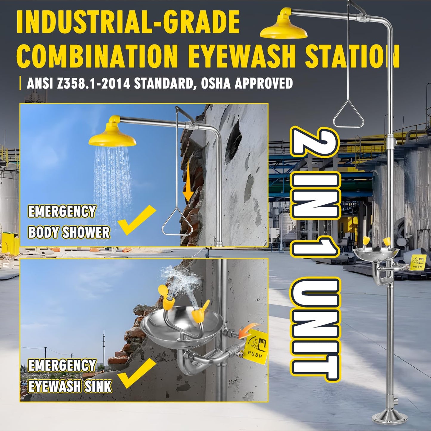 CGOLDENWALL Emergency Shower Eye Wash Station Safety Shower Station Eyewash Station, 304 Stainless Steel, NPT Threads, with Emergency Sign