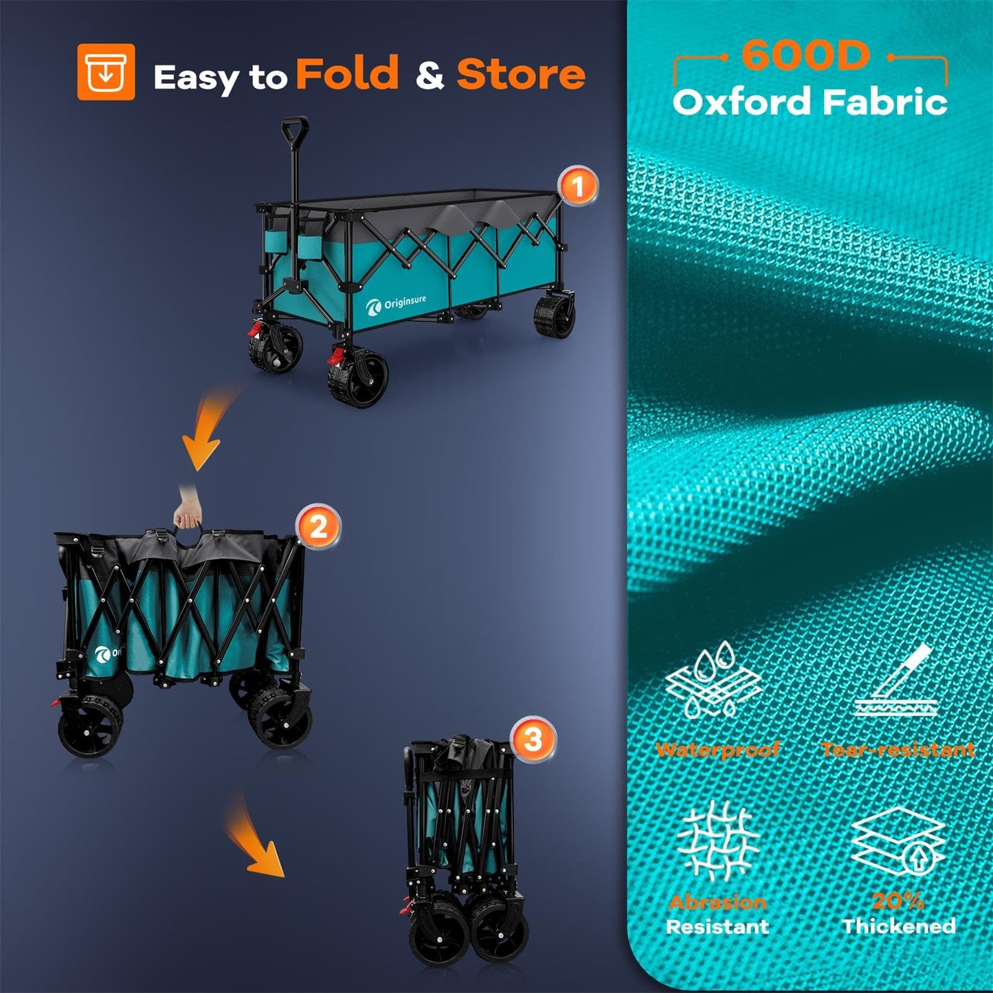 Originsure 48" L Collapsible Beach Wagon Cart Foldable, 560LB Weight Capacity 300L Heavy Duty Folding Wagons with Big All-Terrain Wheels, Utility Carts for Groceries, Camping, Sports - Grey&Turquoise