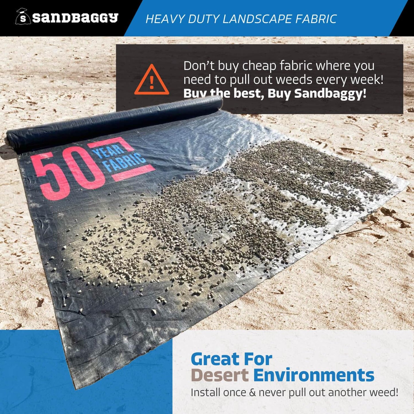 Sandbaggy 15 ft Heavy Duty Landscape Fabric | 50 Year Fabric | 6 oz Extra Thick Weed Barrier | Rock & Gravel Landscaping | UV Resistant | 365 Weed Free Guarantee (15 ft x 25 ft, 1, Count)