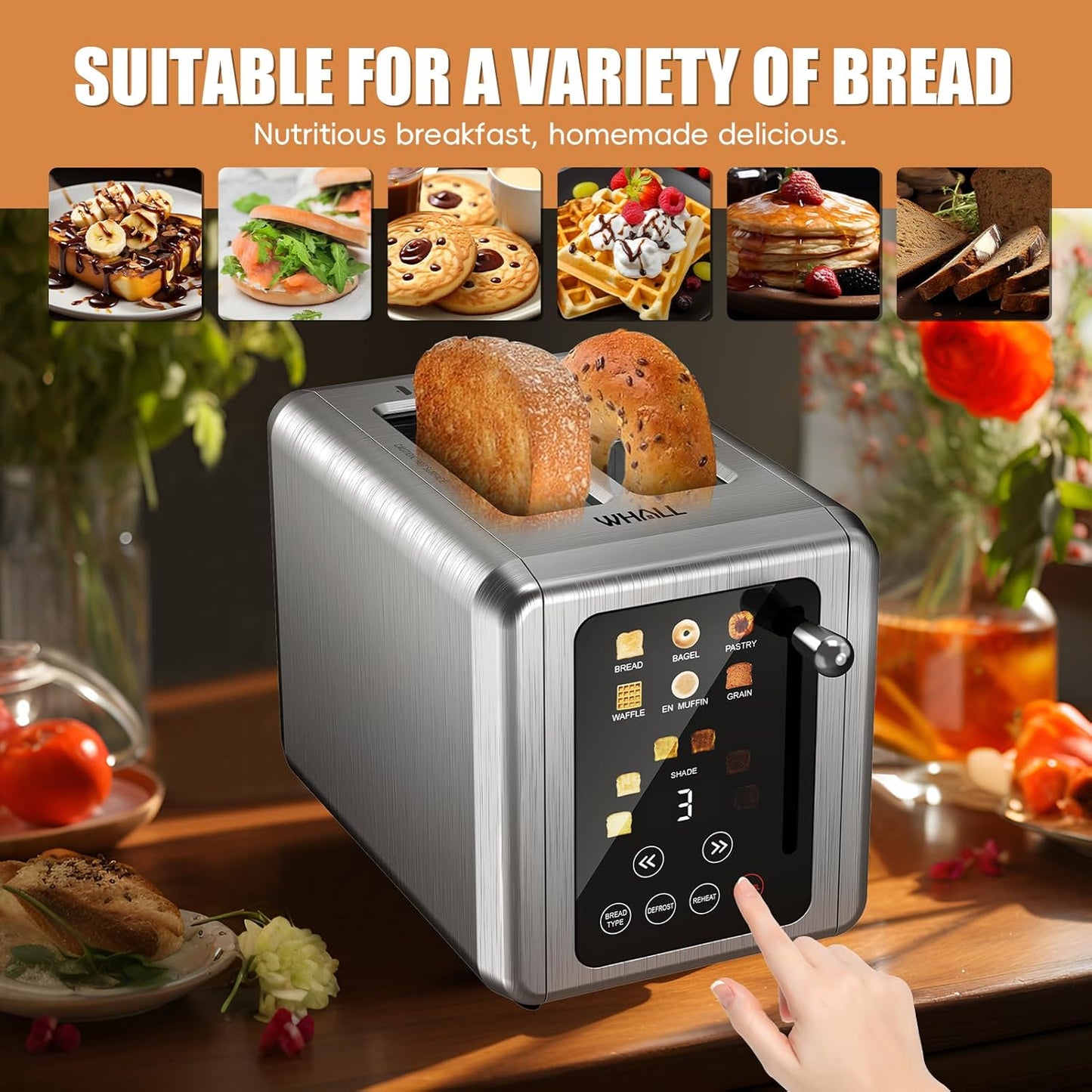 WHALL® Touch Screen Toaster - 2 Slice Stainless Steel with Digital Timer & 6 Shade Settings | Extra Wide Slots