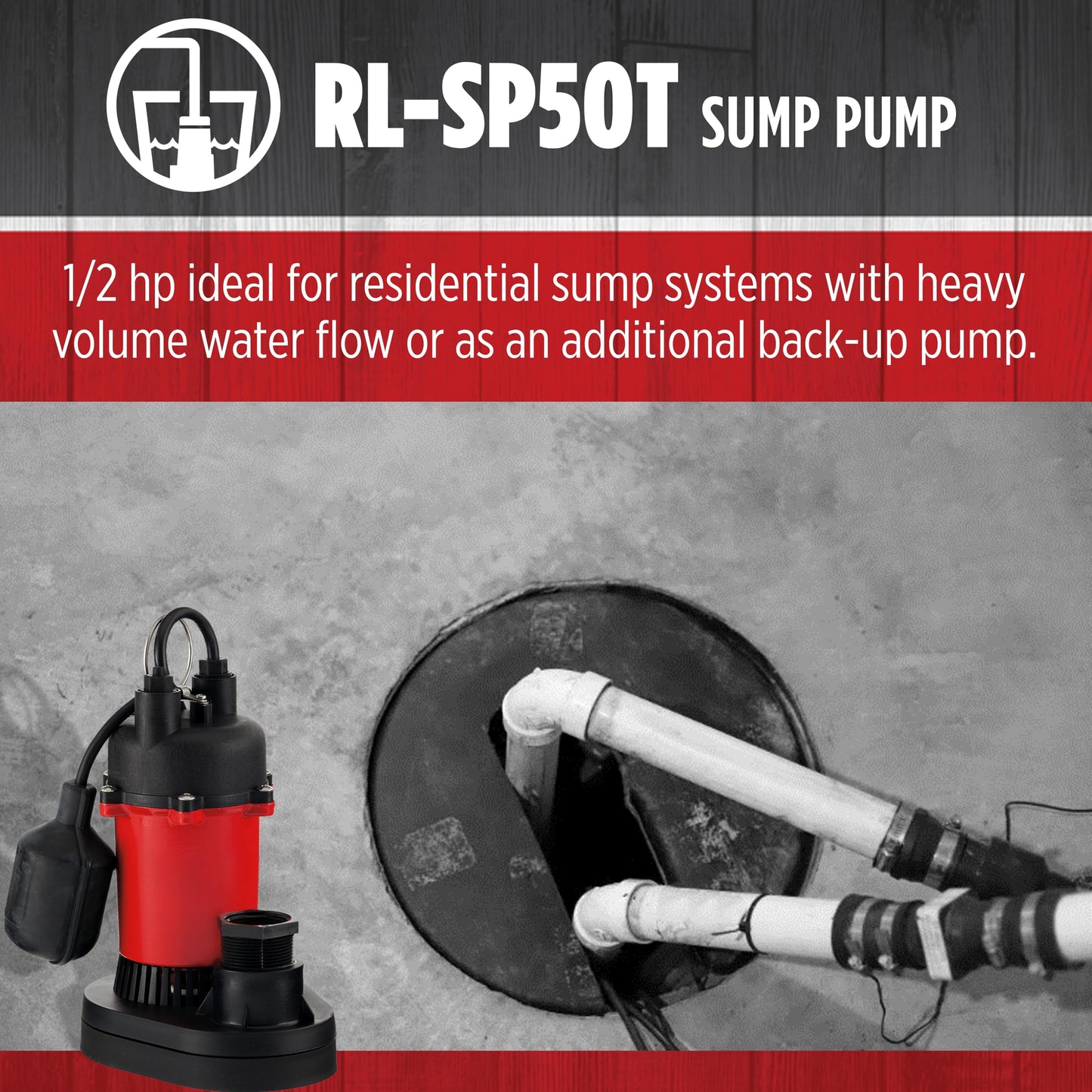 Red Lion RL-SP50T 115-Volt, 1/2 HP, 3600 GPH Aluminum and Thermoplastic Sump Pump with Tethered Switch and 8-Ft. Cord, Red, 14942742