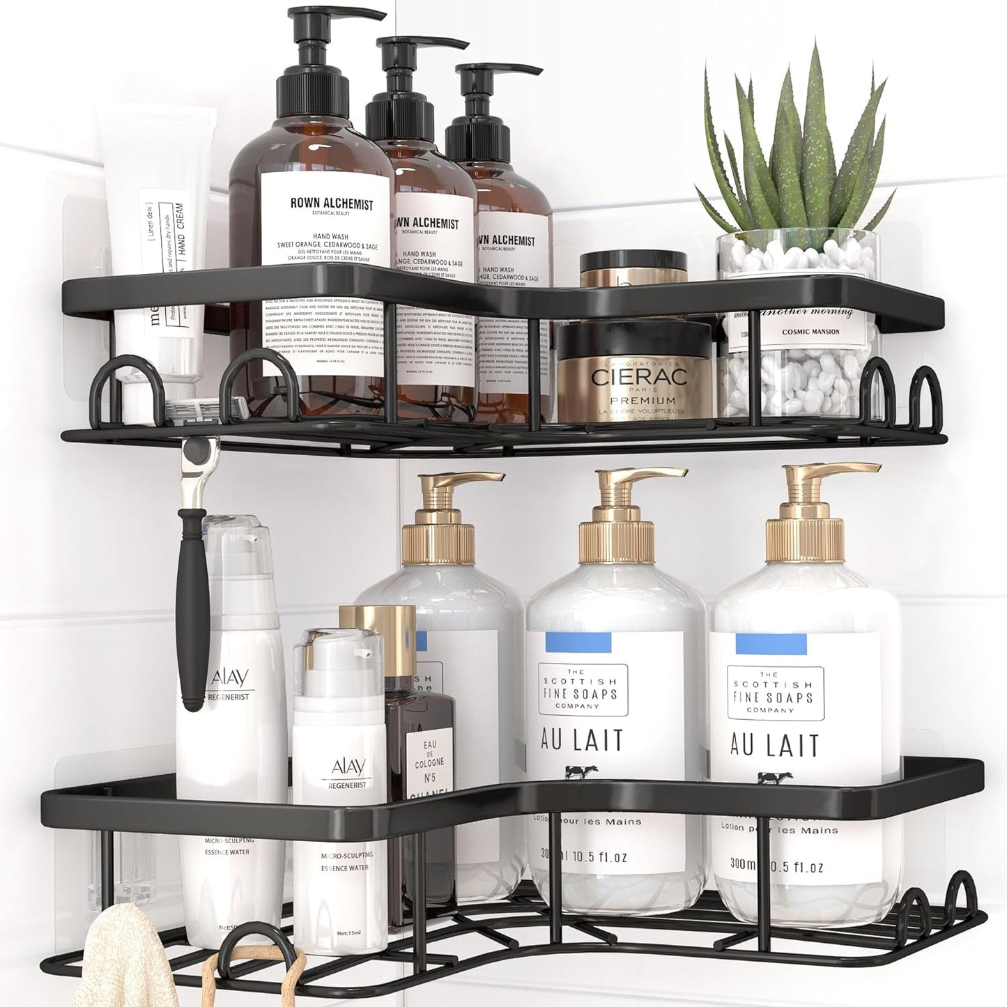 Sakugi Corner Shower Caddy - Rustproof Stainless Steel Organizers with 8 Hooks | No-Drill, Space-Saving, Black, 2 Pack