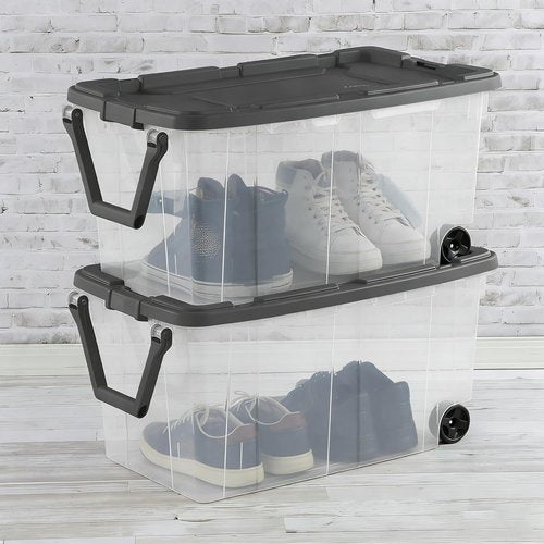 160 Quart Wheeled Storage Bins by [Brand Name] - Stackable Heavy-Duty Clear Totes with Secure Latch Lid & Reinforced Handle | Ideal for Garage & Closet (Clear/Gray)