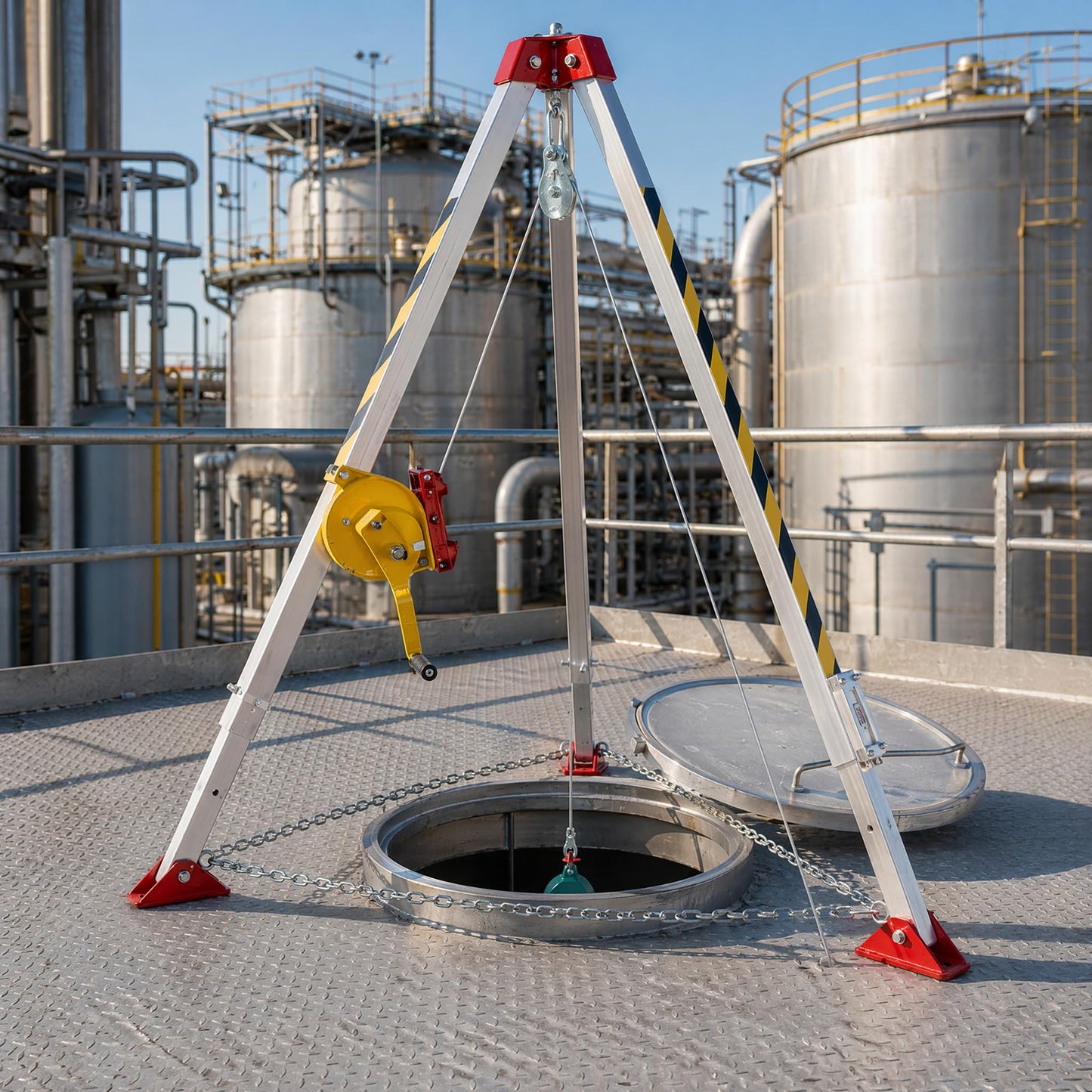 Lifting Winch Tripod Kit 1800lbs Confined Space Tripod Fall Protection Equipment 30m Steel Wire Rope Adjustable Height 4.40-7.1FT Safety Equipment Rescue Tripod Stand System