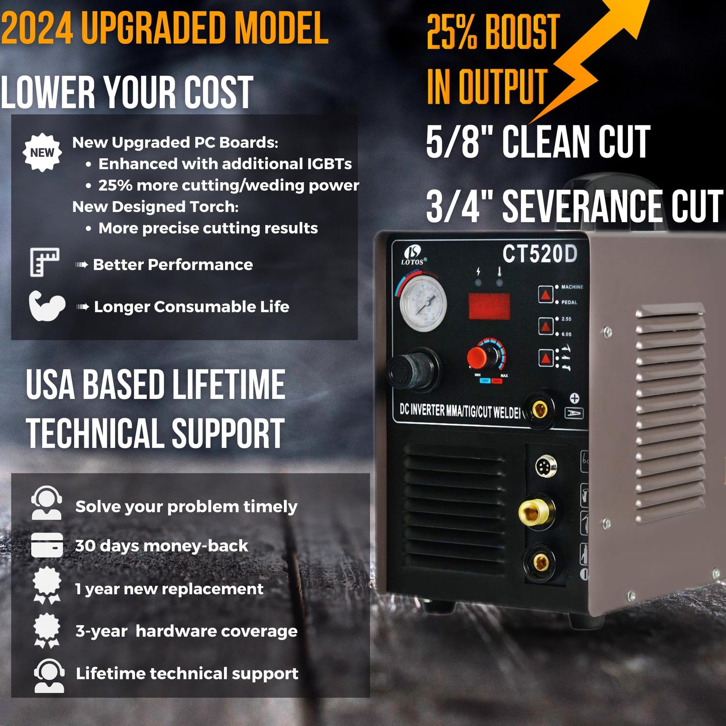 LOTOS CT520D 50 AMP Air Plasma Cutter, 200 AMP Tig and Stick/MMA/ARC Welder 3 in 1 Combo Welding Machine, 5/8 Inch Clean Cut, Brown