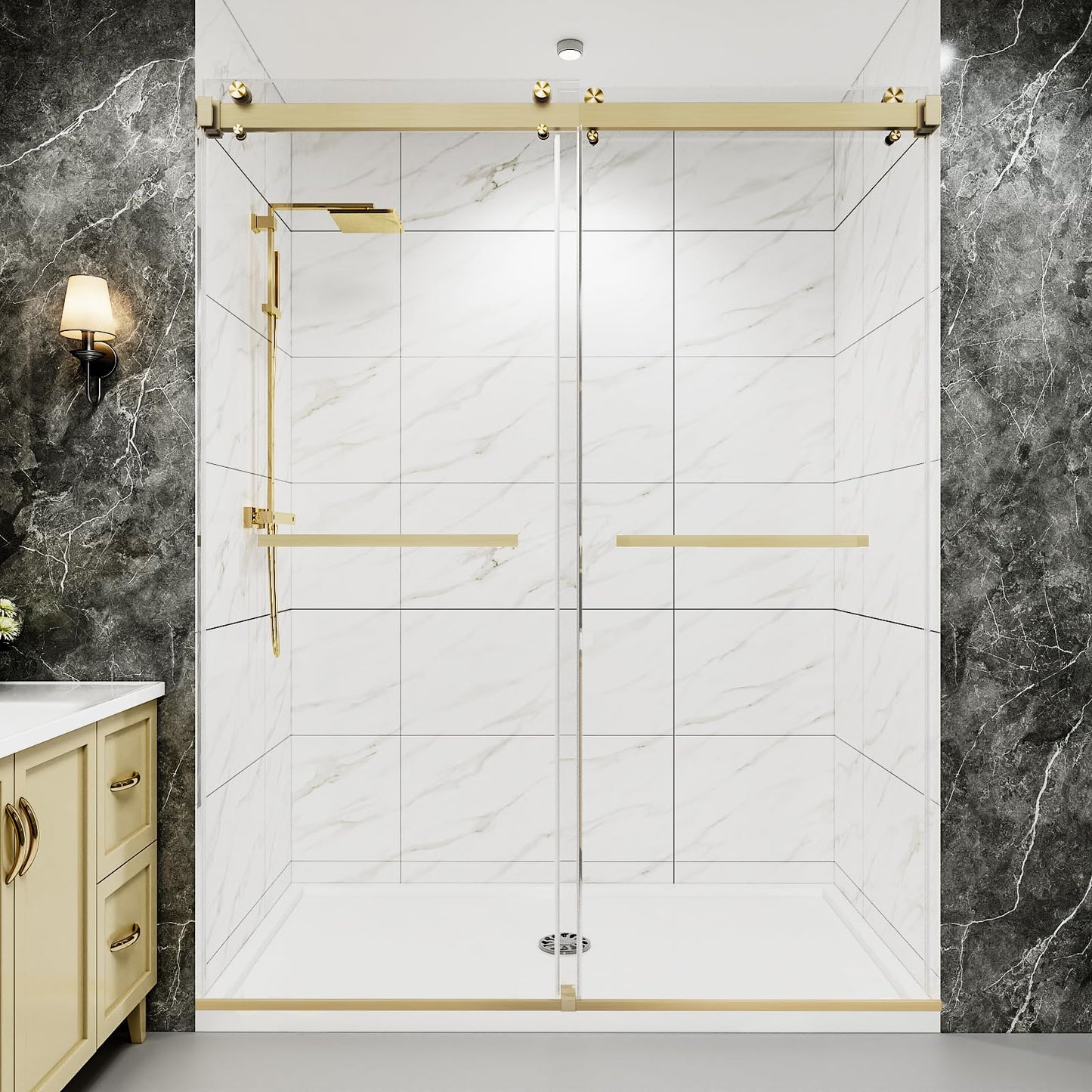Dyvalis 49-54" W x 76" H Frameless Double Sliding Shower Door for Walk-in Shower,5/16" (8mm) SGCC Certified Clear Tempered Safety Glass,Easy-Clean Coating,Quiet Heavy-Duty Roller System, Brushed Gold