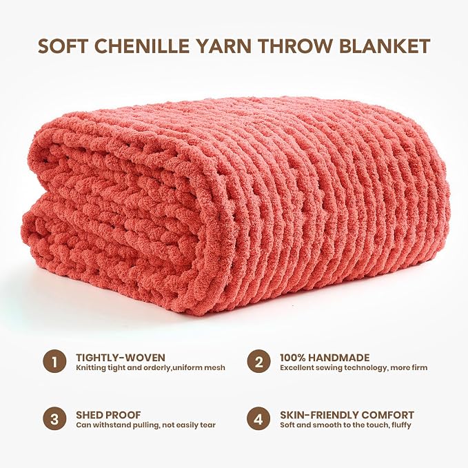 L'AGRATY Chunky Knit Blanket Throw: 50''x60'' Chenille Chunky Knitted Throw Blankets for Bed Couch - Handmade Thick Cable Knit Blanket - Large Crochet Rope Blankets for Home Decor(Coral Pink)