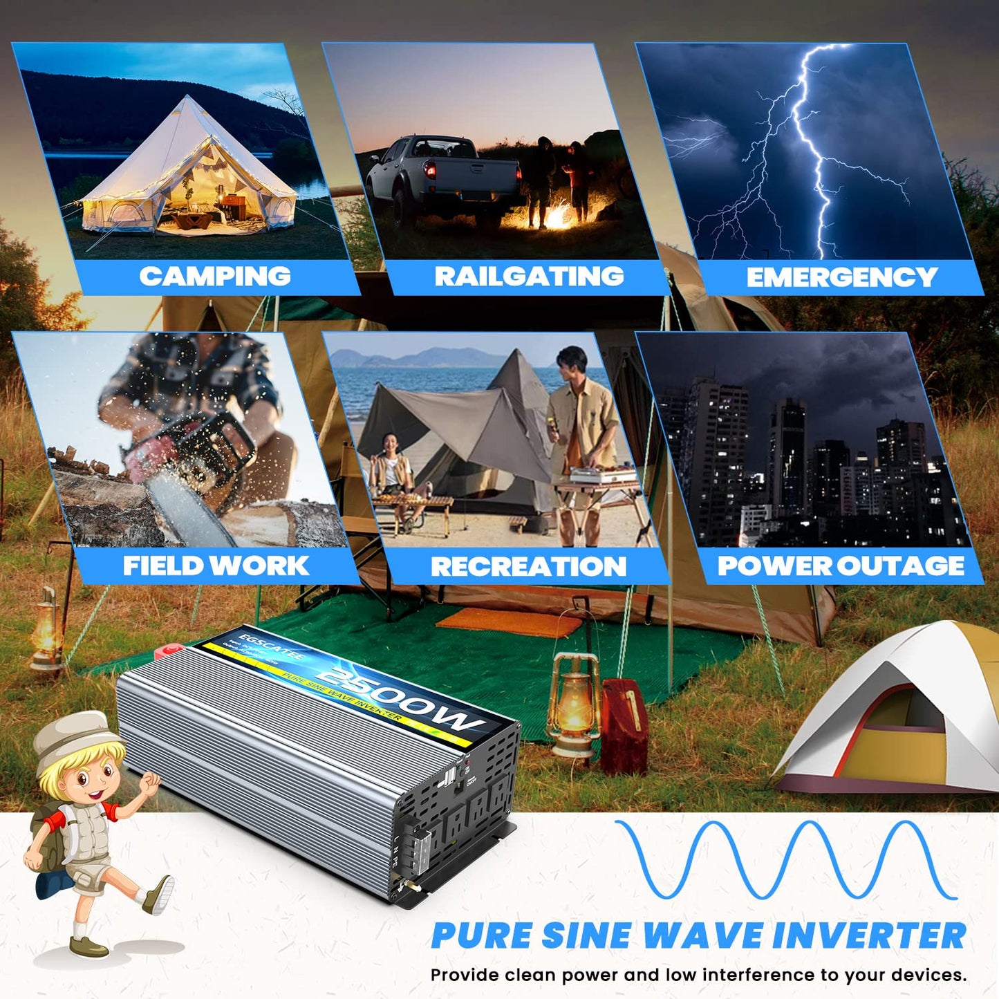 12V 2500W Pure Sine Wave Inverter 12V DC to 110V/120V AC Converter with 4AC Outlets, 5V/3.4A USB, Remote Control with on-Screen Display, Off-Grid Solar Power Inverter for Truck, Home, Vehicles, RV