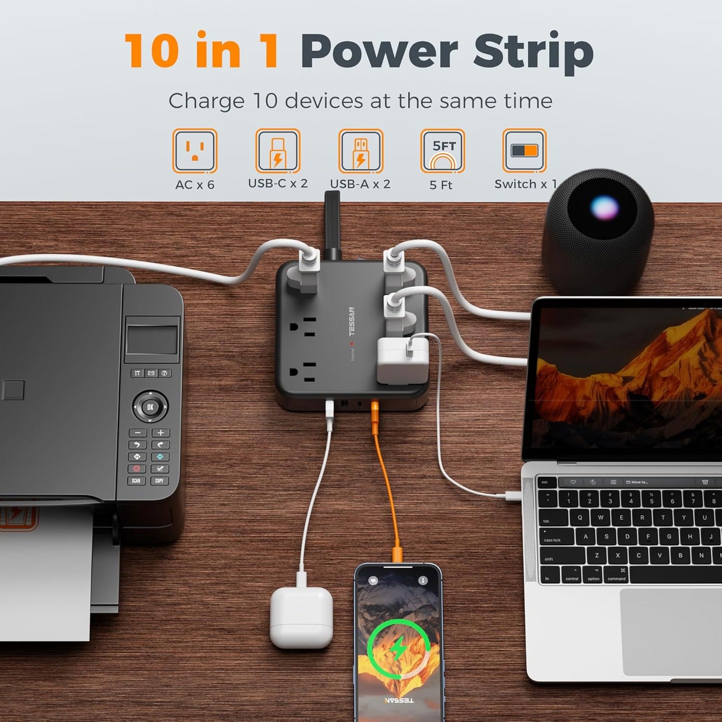 TESSAN 5Ft 6 4 (2 2100 Black Extension Cord with Multiple Outlets, Surge Protector Power Strip with Outlets and USB