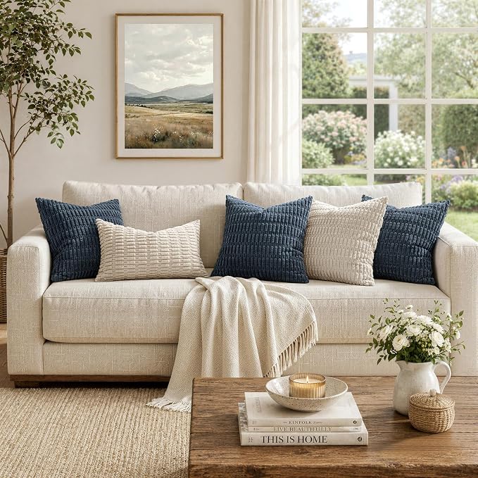 MIULEE Pack of 2 Corduroy Decorative Throw Pillow Covers 18x18 Inch Soft Boho Striped Pillow Covers Modern Farmhouse Home Decor for Summer Coastal Sofa Living Room Couch Bed Blue