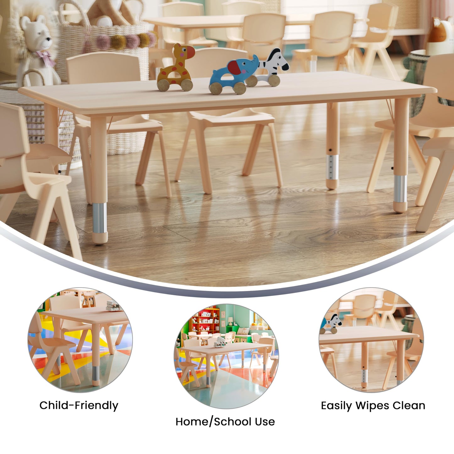 Flash Furniture Wren Adjustable Classroom Activity Table for School and Home, Plastic Activity Table for Kids, 23.625" W x 47.25" L, Natural