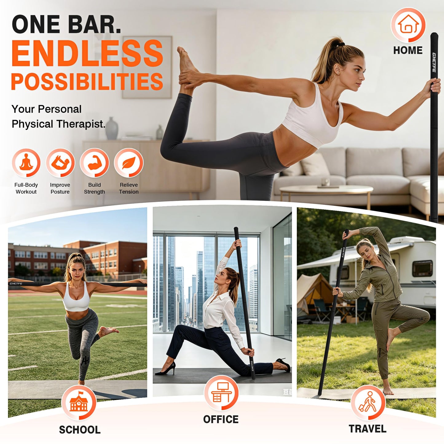 GHCTFE Adjustable Yoga Stick for Stretching & Balance, Upgraded Workout Pilates Equipment for Back Posture Corrector, 4-Section Steel Mobility Bar for Flexibility, Physical Therapy, Exercise Training