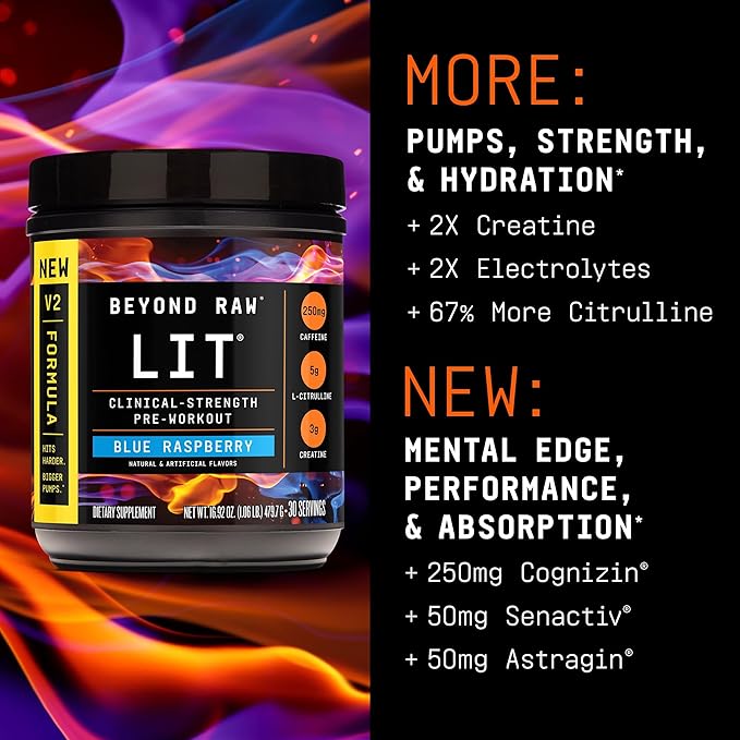 BEYOND RAW LIT V2 Clinical Strength Pre Workout Powder, Hits Harder, Bigger Pumps, Caffeine, L-Citrulline, Creatine, Blue Raspberry, 30 Servings